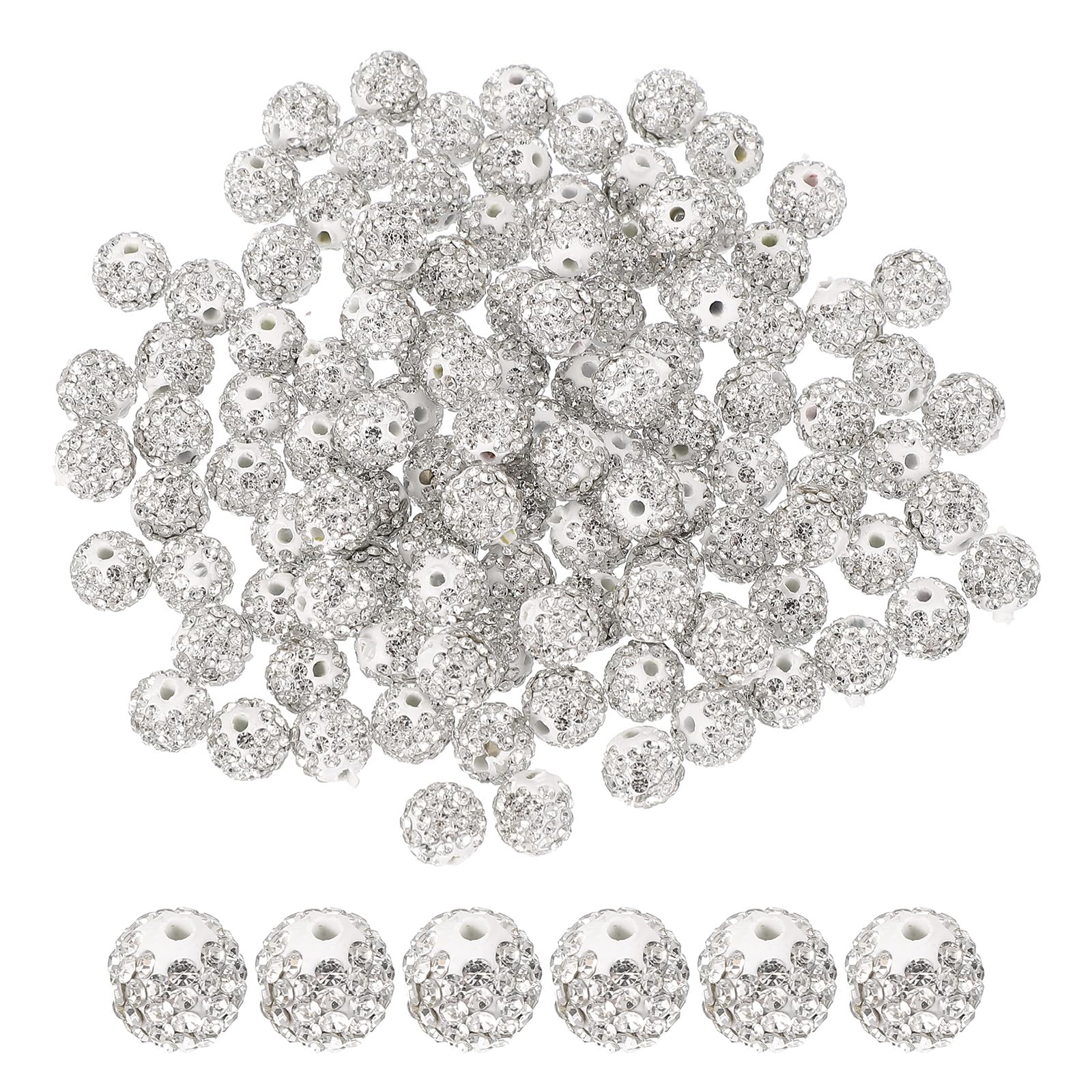 PATIKIL 100 Pcs White Round Rhinestone Beads for Jewelry Making 10mm Shiny Disco Ball Beads with Hole, DIY Crafting