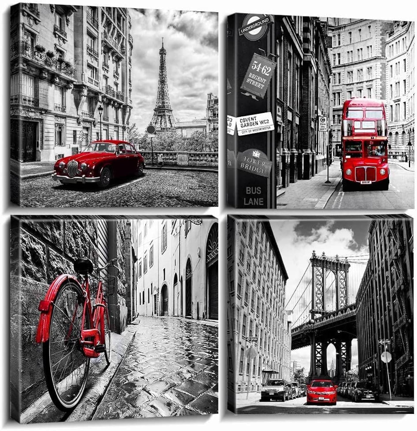 Black and White Wall Art for Living Room Red City Wall Decor Modern London Paris Cityscape Painting Canvas Prints Europe Building Landscape Posters Artwork Bedroom Office Home Decoration 30x30CM 4PCs
