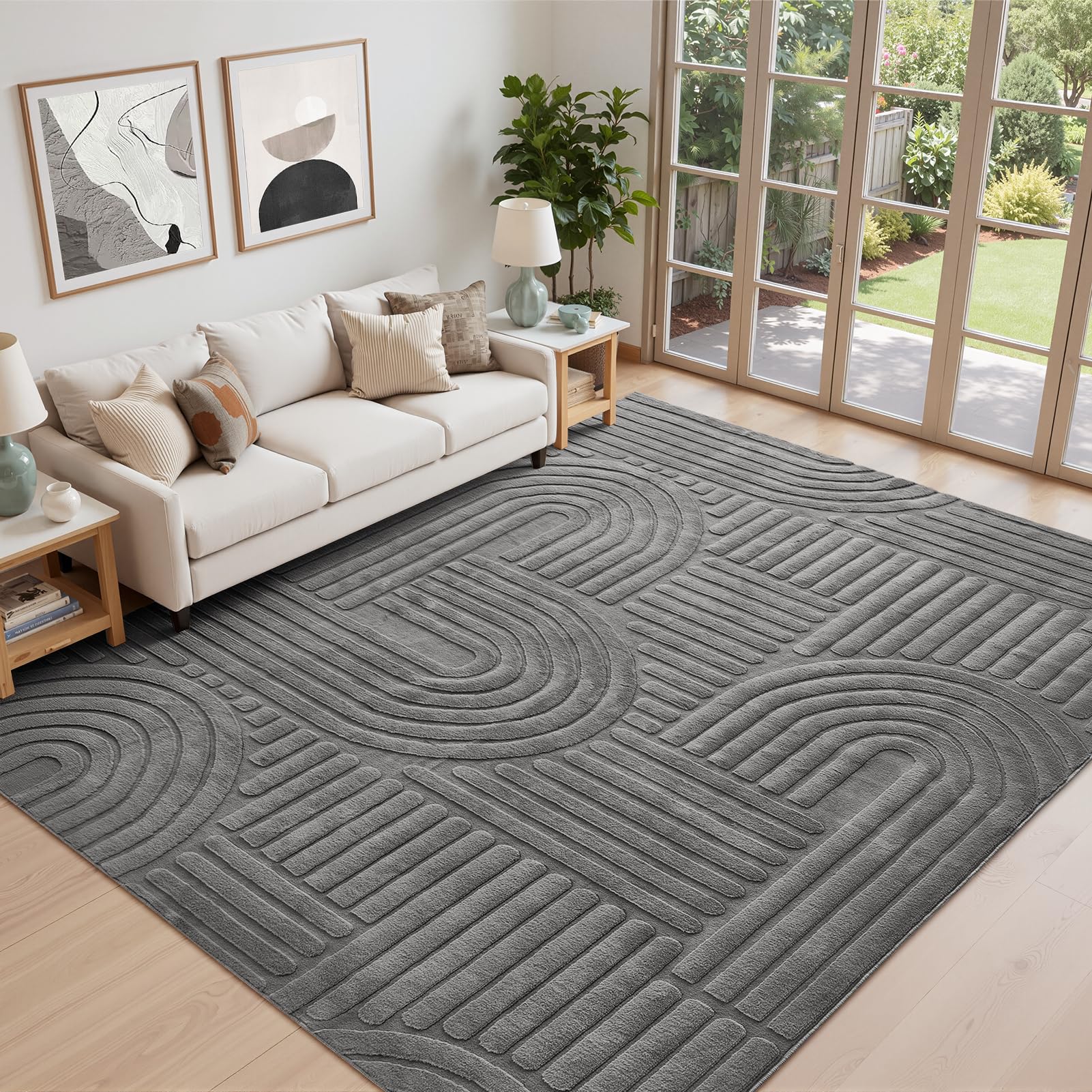 Topfinel Kurzflor Teppich Grau 230x340 Wellen 3D-Effekt Waschbarer Teppiche Extra Groß Weich Flauschig Antirutsch für Wohnzimmer Schlafzimmer Kinderzimmer Teppiche Esszimmer Modern Dauerhaft Felloptik