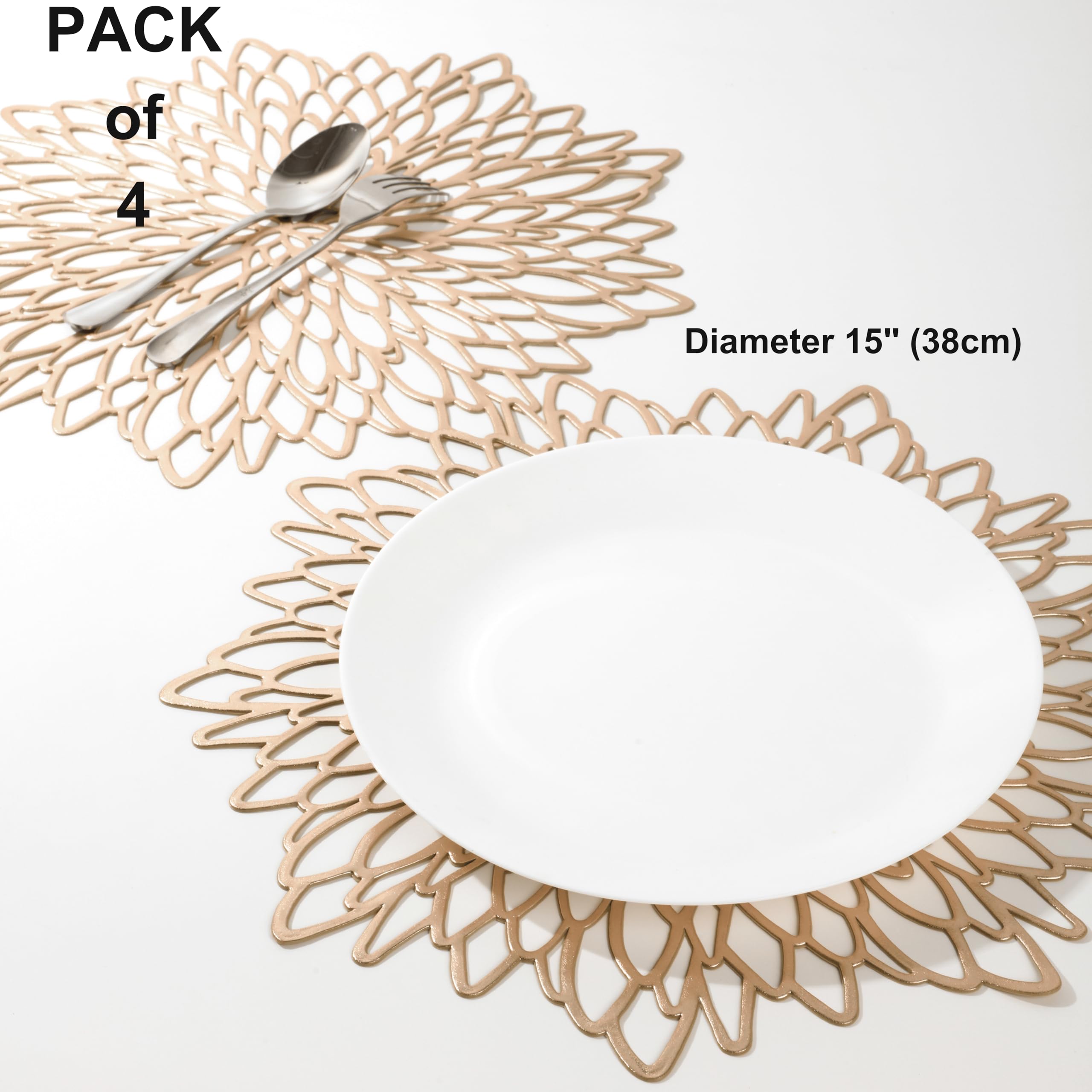 Snowkingdom 4 Pack Gold Placemats Metallic Pressed Vinyl Golden for Dinning Table Place Mats Round Floral Charger Decoration for Christmas Thanksgiving Holiday Wedding