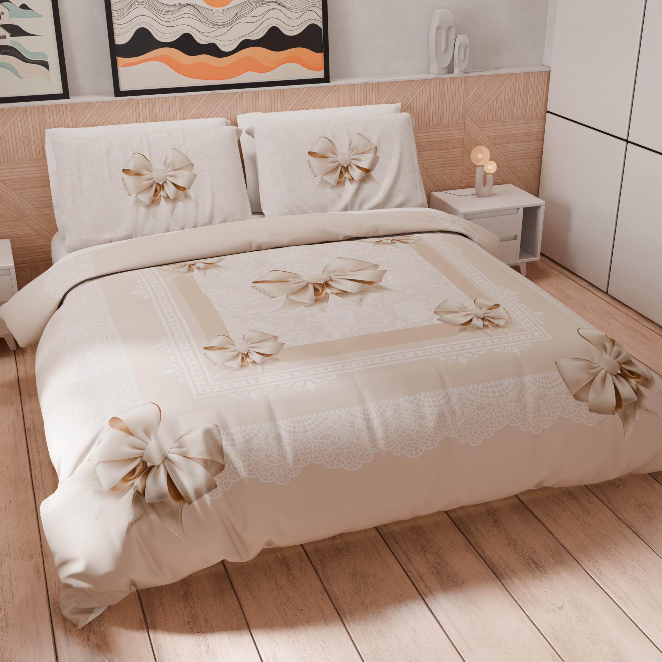 PETTI Artigiani Italiani - Set Copripiumino Una piazza e mezza 200x200 cm (2 Federe 80x80 cm Incluse), Parure Copripiumino Microfibra con Stampa Digitale Fiocco Beige - Made in Italy