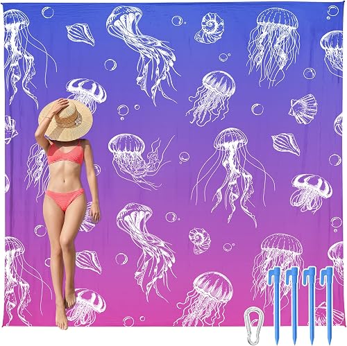 AlphaBeing Beach Blanket Waterproof Sandproof, Extra Large Beach Mat for 1–8 Adults, Oversized Picnic Blanket with 4 Stakes & Storage Bag, Essential Beach Gear for Travel (Jellyfish, 120“×108”)