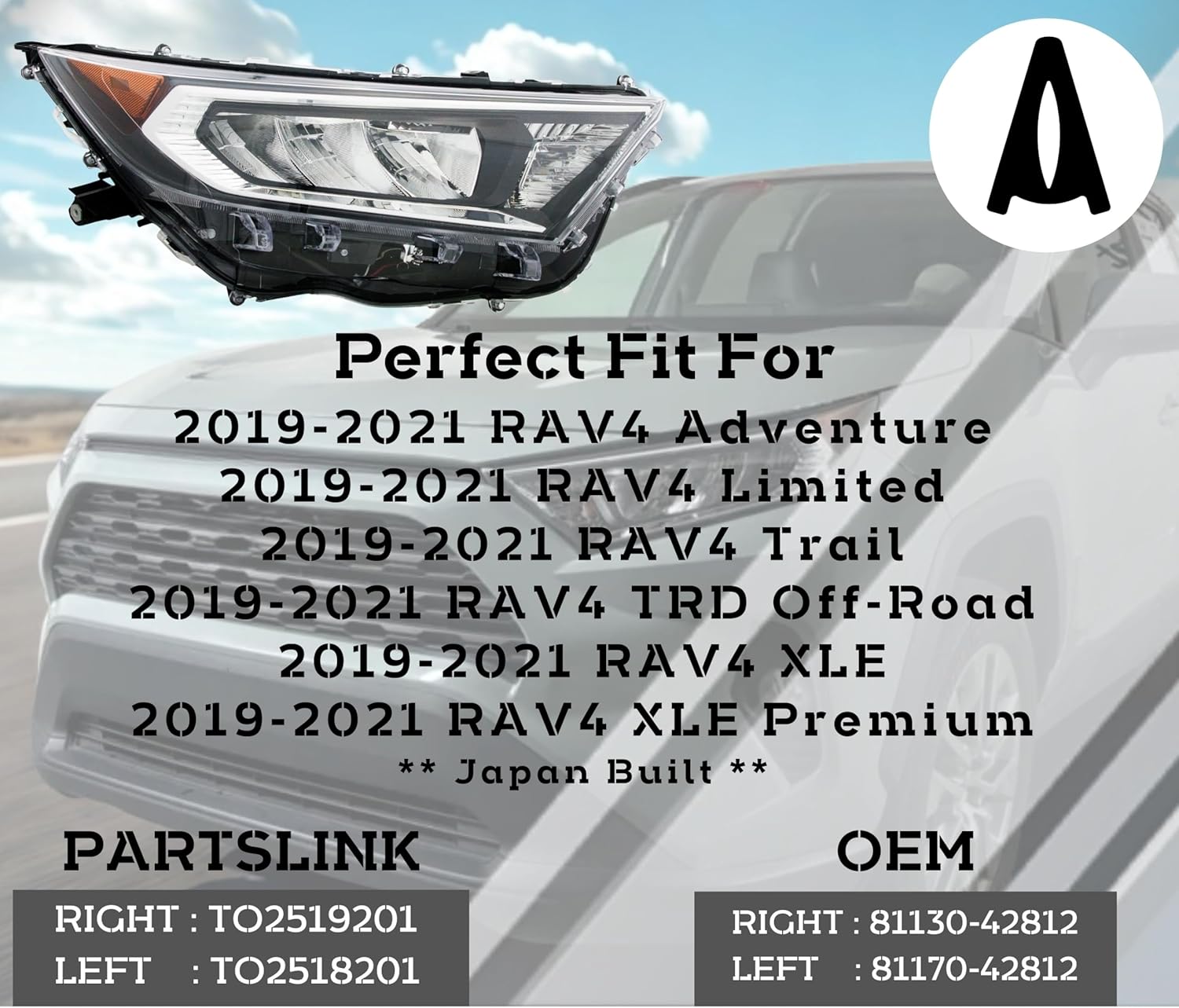 Replacement For Toyota RAV4 2019-2021 Headlight Assembly Adventure/Limited/Trail/TRD Off-Road/XLE/XLE Premium Japan Built w/o Bulb Right/Passenger Side DOT/SAE Compliant TO2519201, 81130-42812