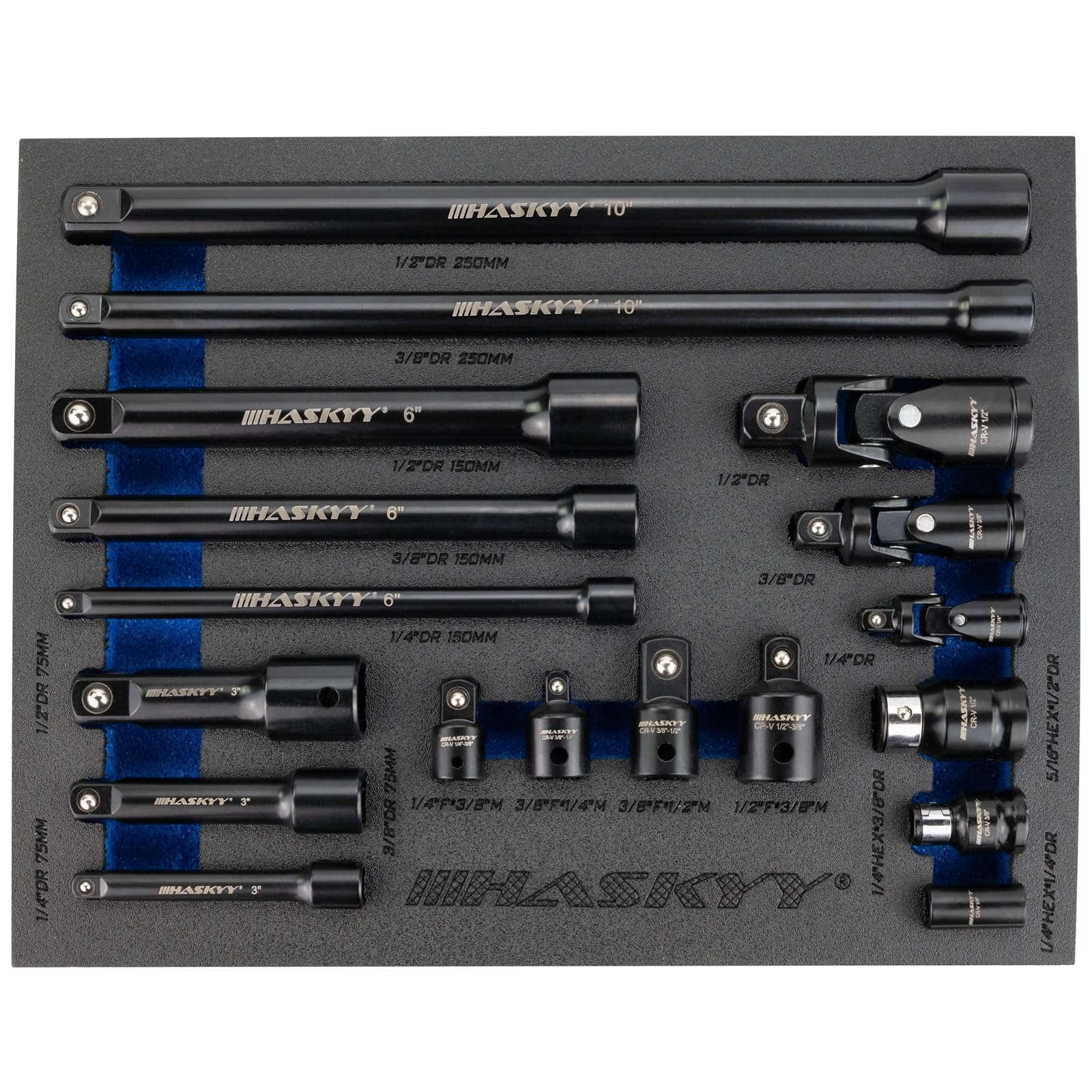 HASKYY 1/4", 3/8" & 1/2" Drive Socket Set Ratchet Extension Ratchet Socket Gimbal Adapter Bit Holder Connecting Parts Set for Automotive and Industry Black