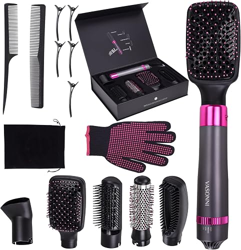 5 in 1 Hair Dryer Brush, Negative Ion Electric Hot Air Blow Dryer Brush Comb (black-red)
