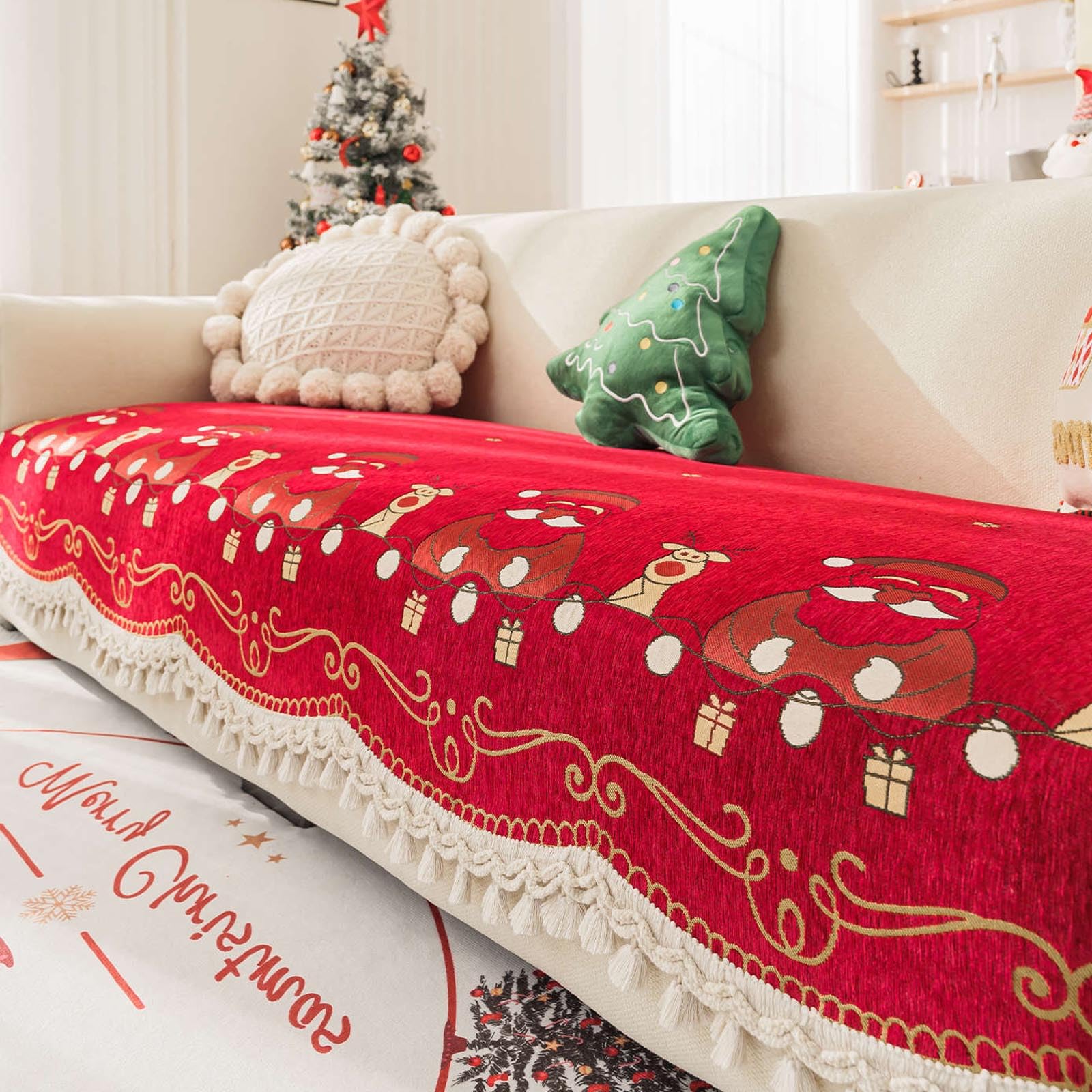 Housse canapé chenille de Noël rouge haut de gamme antidérapante