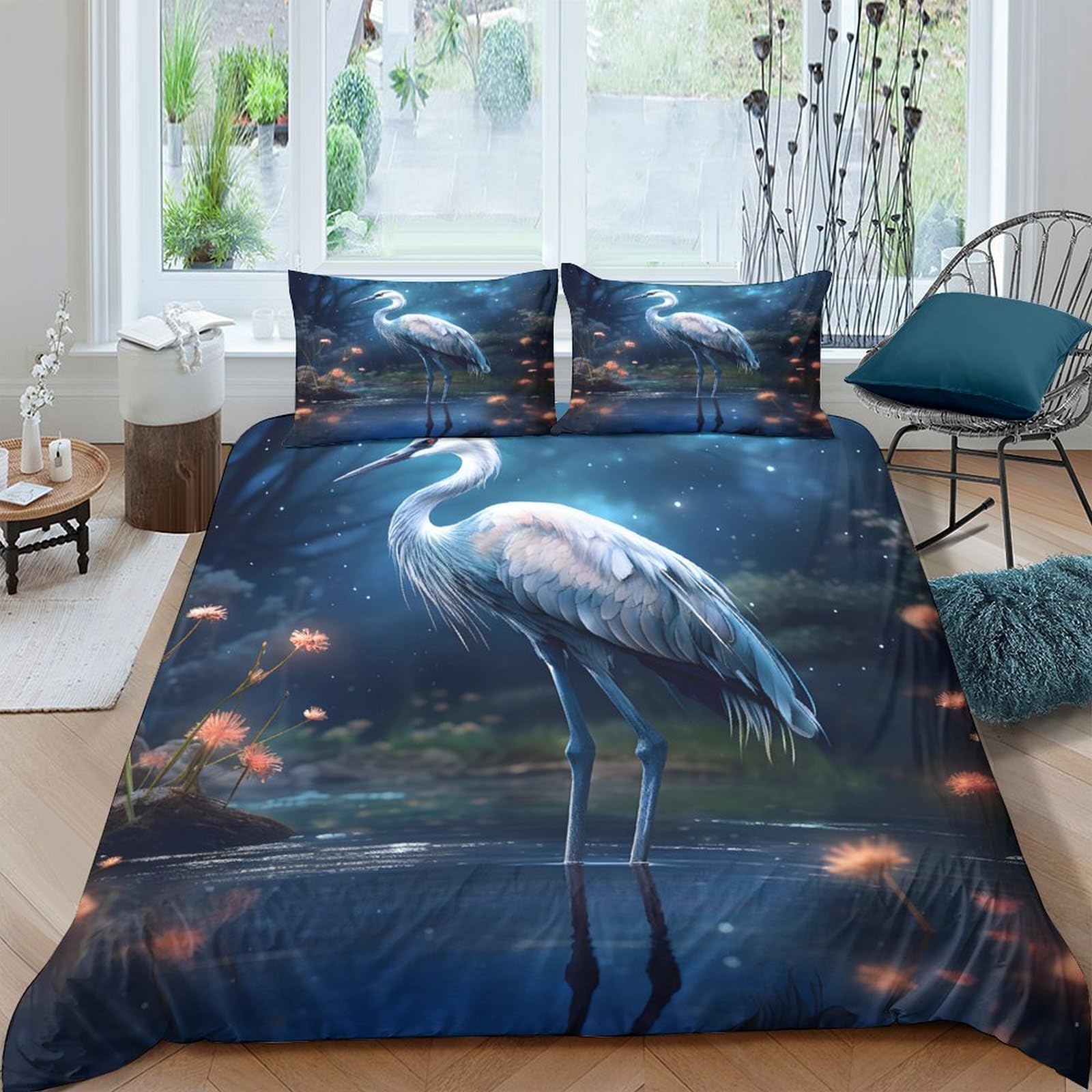 GPLZQXKJNH 3D Printed Blue Heron Duvet Cover Microfiber Soft Breathable Night Lake Bedding Set with 2 Pillowcases for Bedroom Decor Single（135x200cm）