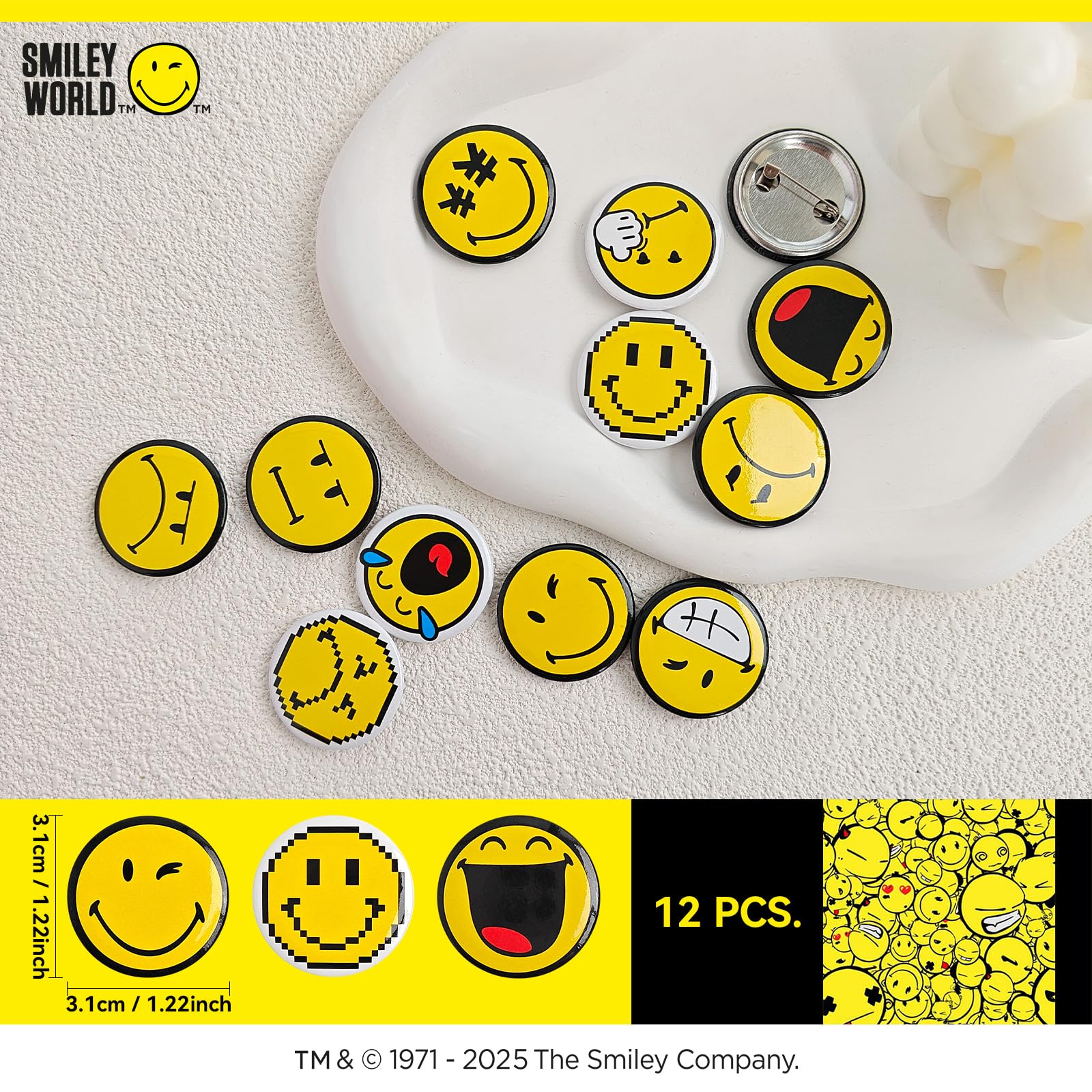 SMILEY WORLD® Pinback Buttons, Classic Round Smiley Face Badge with Safety Pin Back, Ideal for Backpacks and Garments