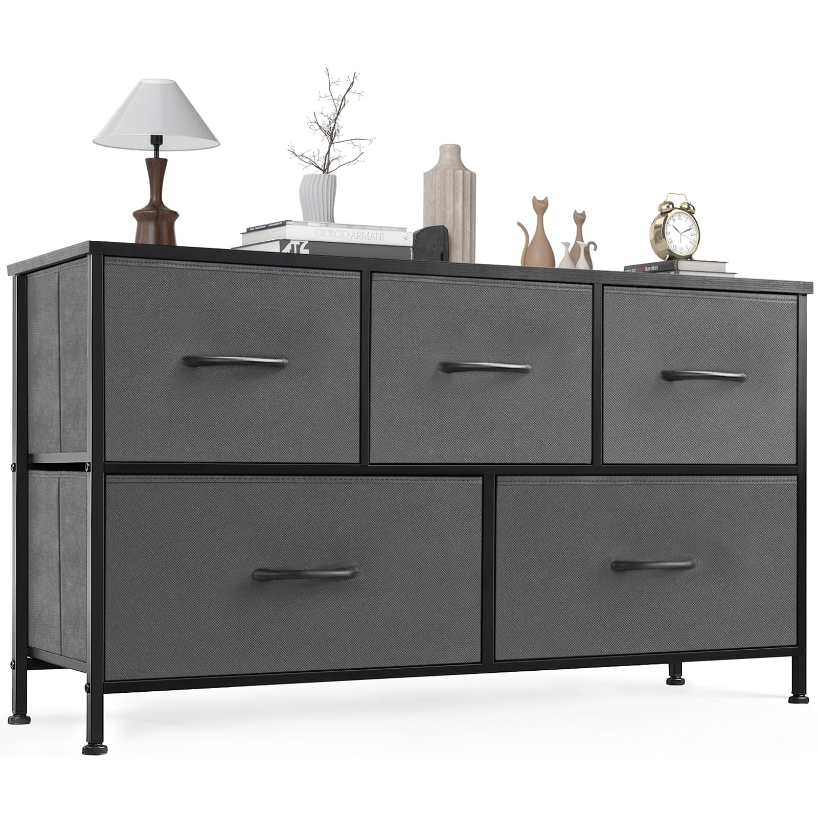 OLIXIS Dresser for Bedroom, 5 Storage Drawers, Wide Fabric Closet Chests Organizer Tower Furniture, TV Stand with Wooden Top Metal Frame for Clothes, Living Room, Hallway, Entryway, Classic Grey