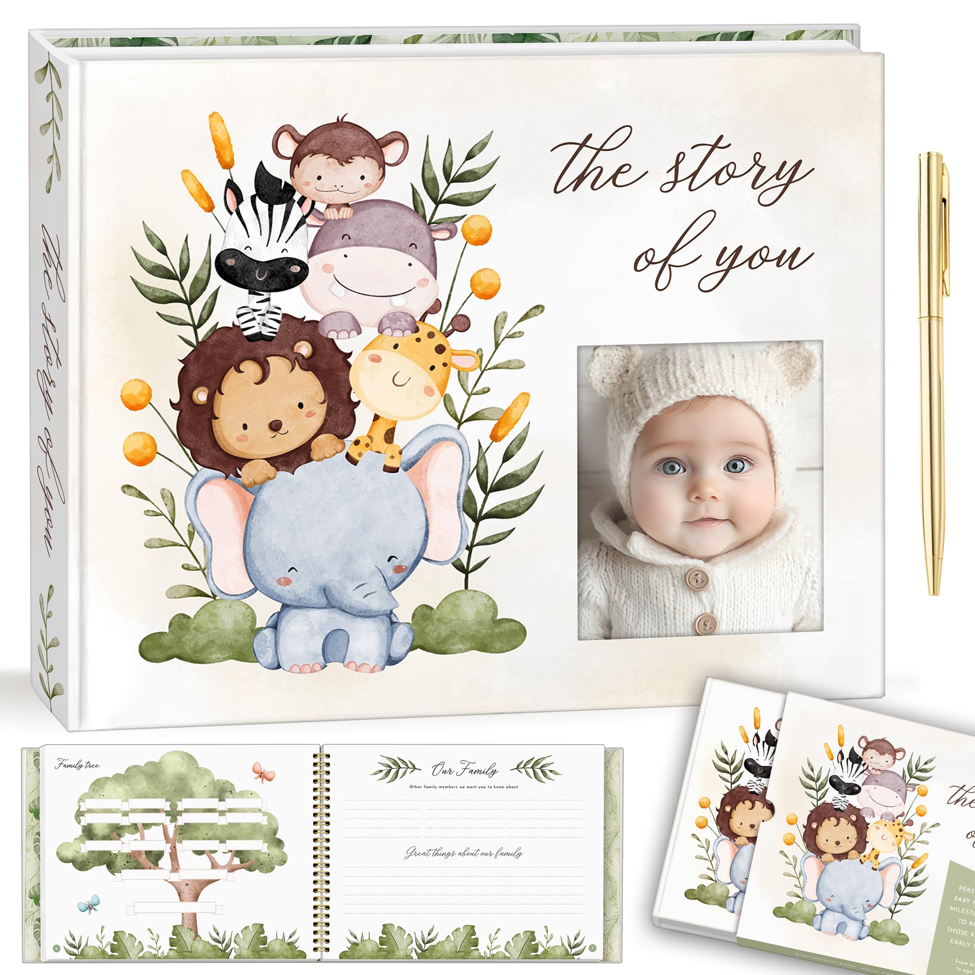 Baby-Erinnerungsbuch – "The Story of You" Erinnerungs-Tagebuch mit Fotoschlitz, Zoo-Tier-Design, Goldstift, flache Bindung, Geschenkbox – 90 farbige Seiten, 22,9 x 29,8 cm