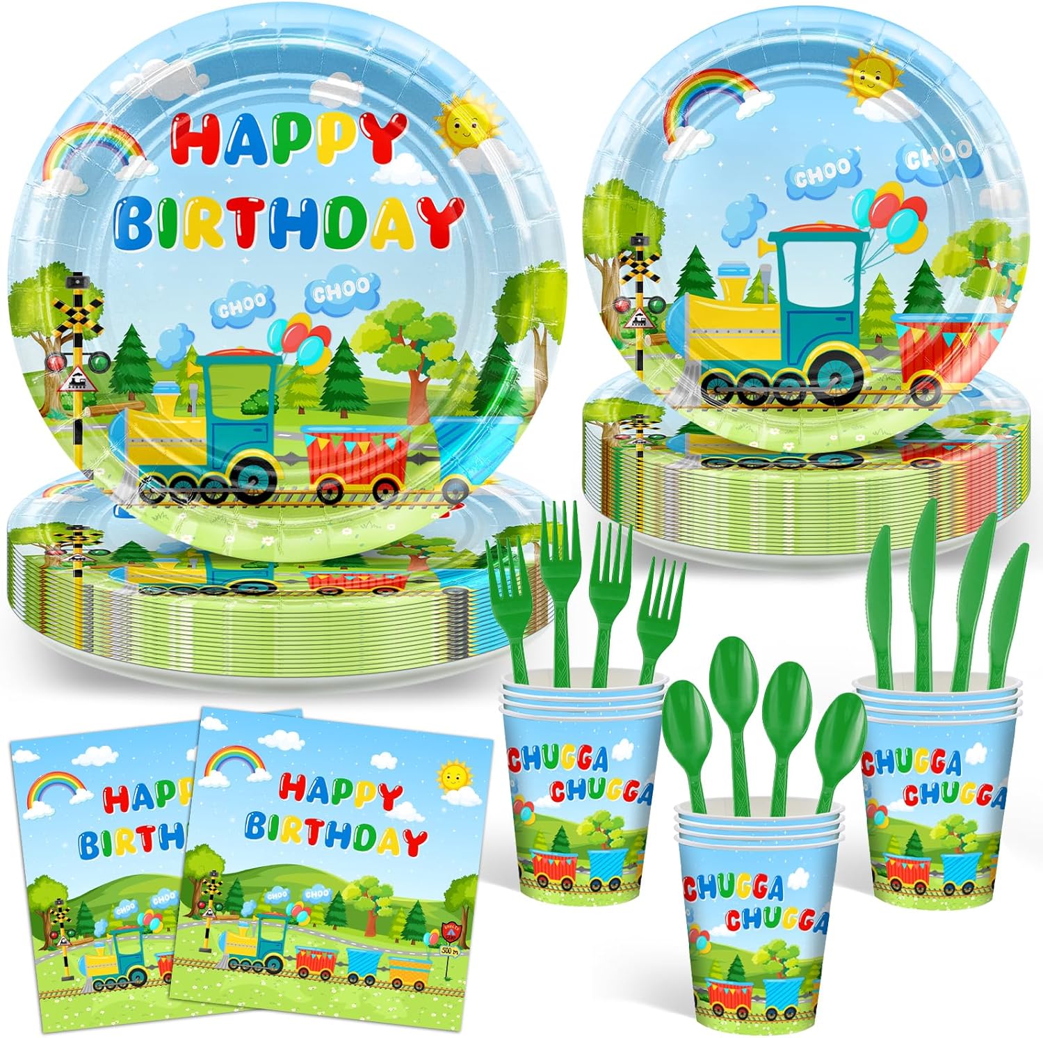 Avezano 168 PCS Train Birthday Party Supplies Includes Paper Plates, Cups, Napkins, Knives, Forks, Spoons for Chuagaa Train Birthday Party Decorations, Serves 24