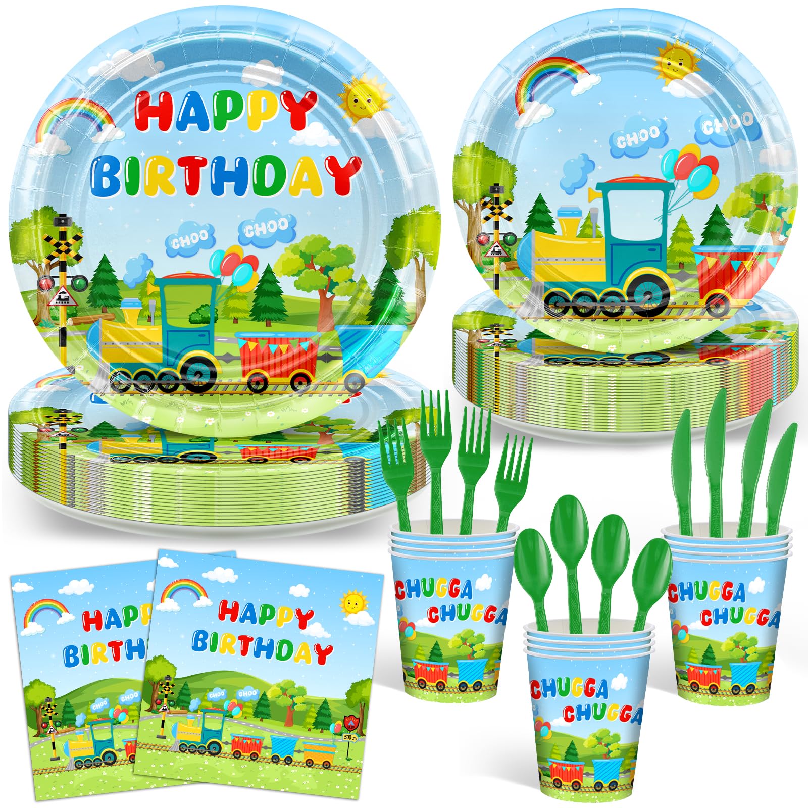 Avezano 168 PCS Train Birthday Party Supplies Includes Paper Plates, Cups, Napkins, Knives, Forks, Spoons for Chuagaa Train Birthday Party Decorations