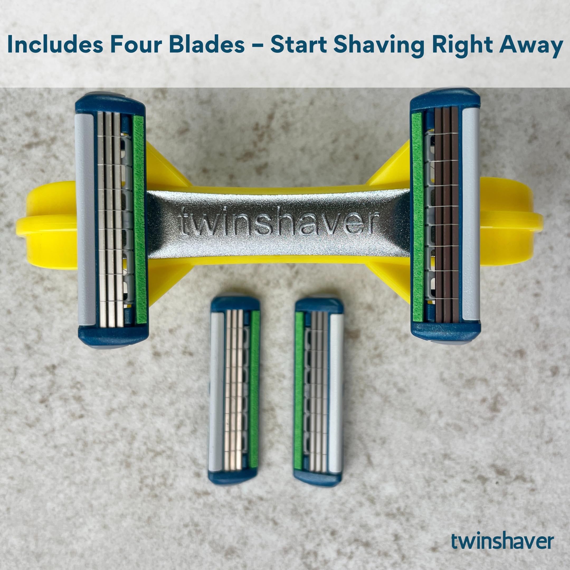 twinshaver maquinilla de afeitar calva + 4 hojas de afeitar, protección contra cortes y 80% de ahorro de tiempo, para el cuerpo y la cabeza, maquinilla de afeitar en húmedo de 0mm (amarillo)