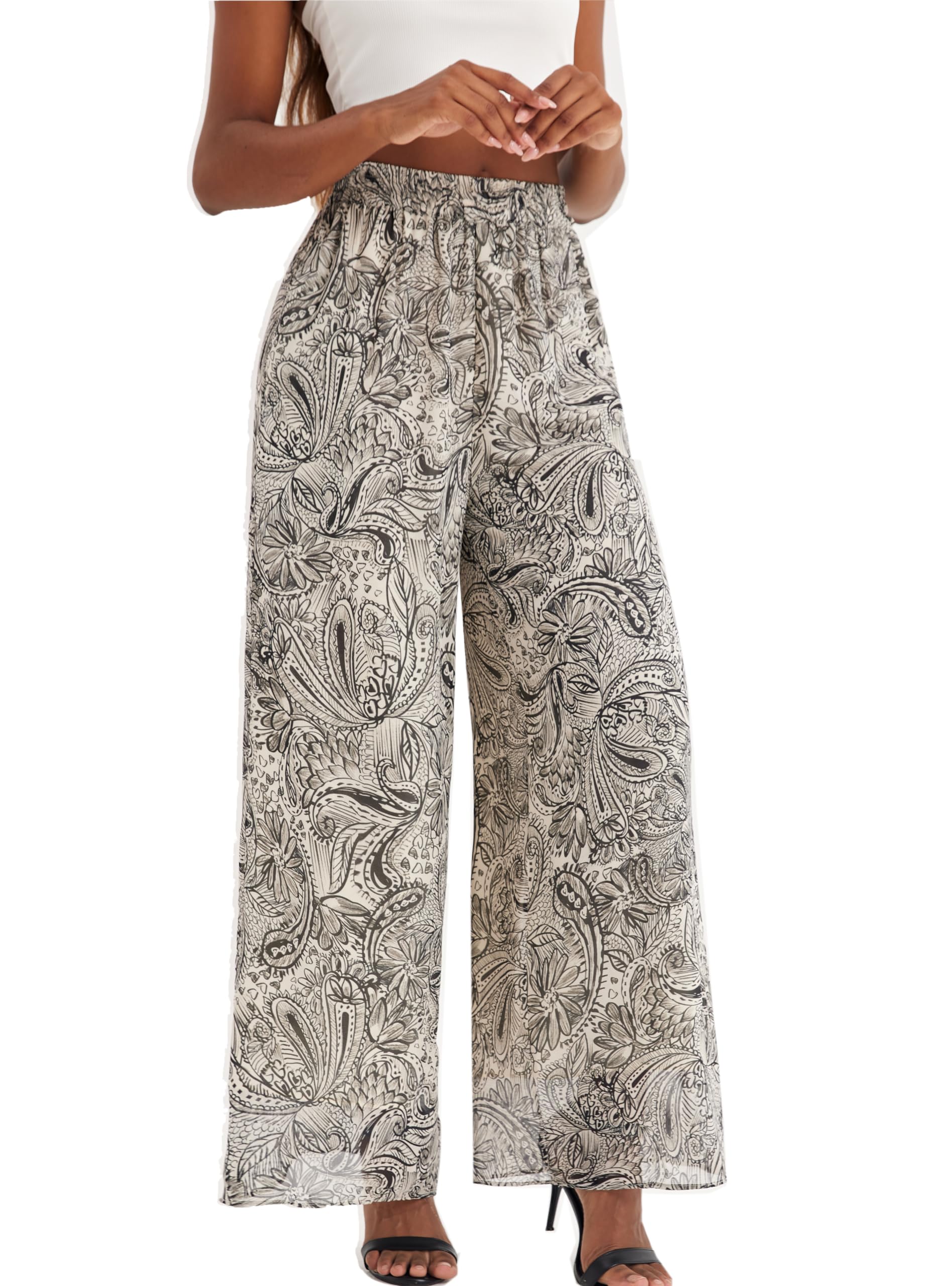 zsangbee Womens Wide Leg Palazzo Pants Chiffon Flowy Loose Party Wedding Dressy Casual Trousers