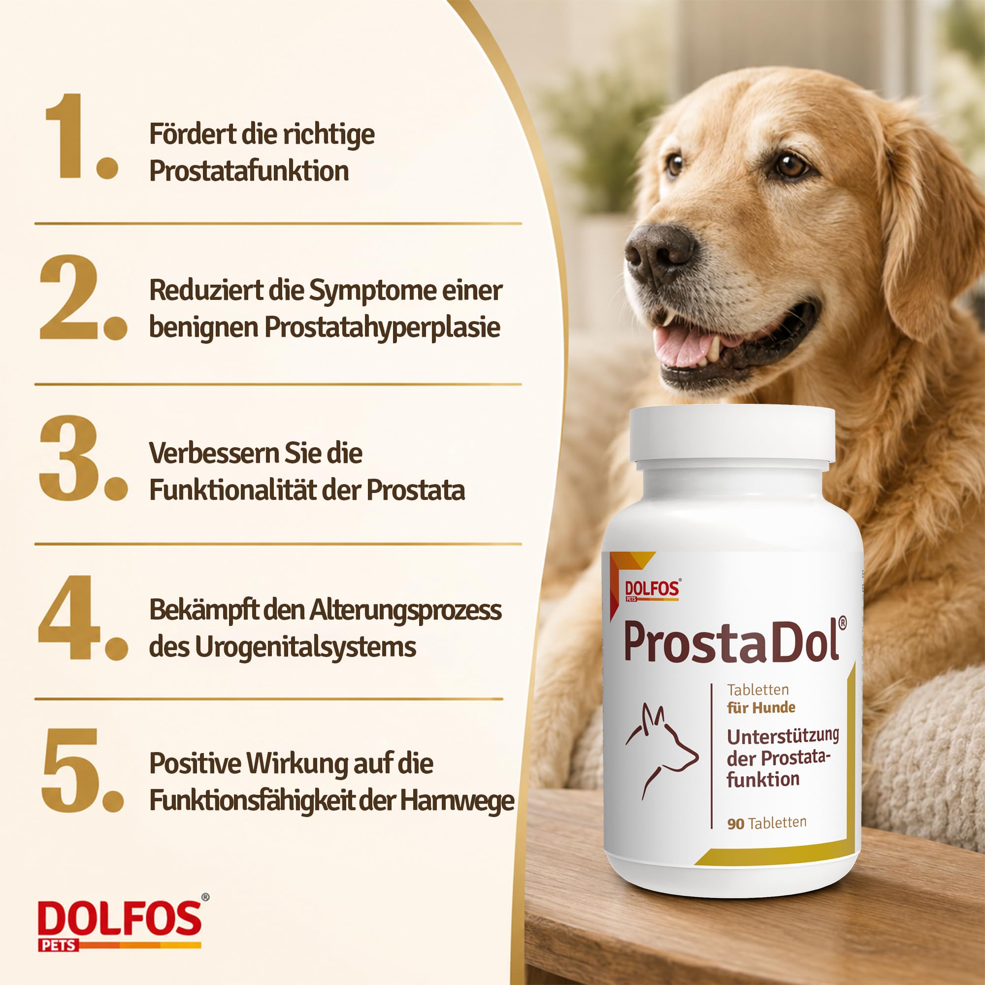 DOLFOS PETS ProstaDol, 90 Tabletten für Hunde, Prostata Hund & Harnwege unterstützen, Mit Kürbiskern Cranberry Hund, Natürliches Nahrungsergänzungsmittel bei Inkontinenz & Blasenschwäche