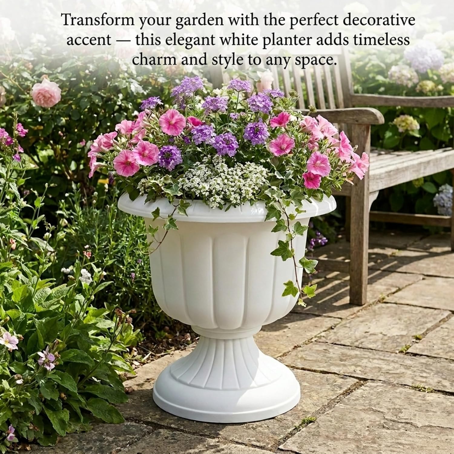 Anderson's Large White Plastic Planter, 20 Inches High, Garden Decor, Wedding Decor