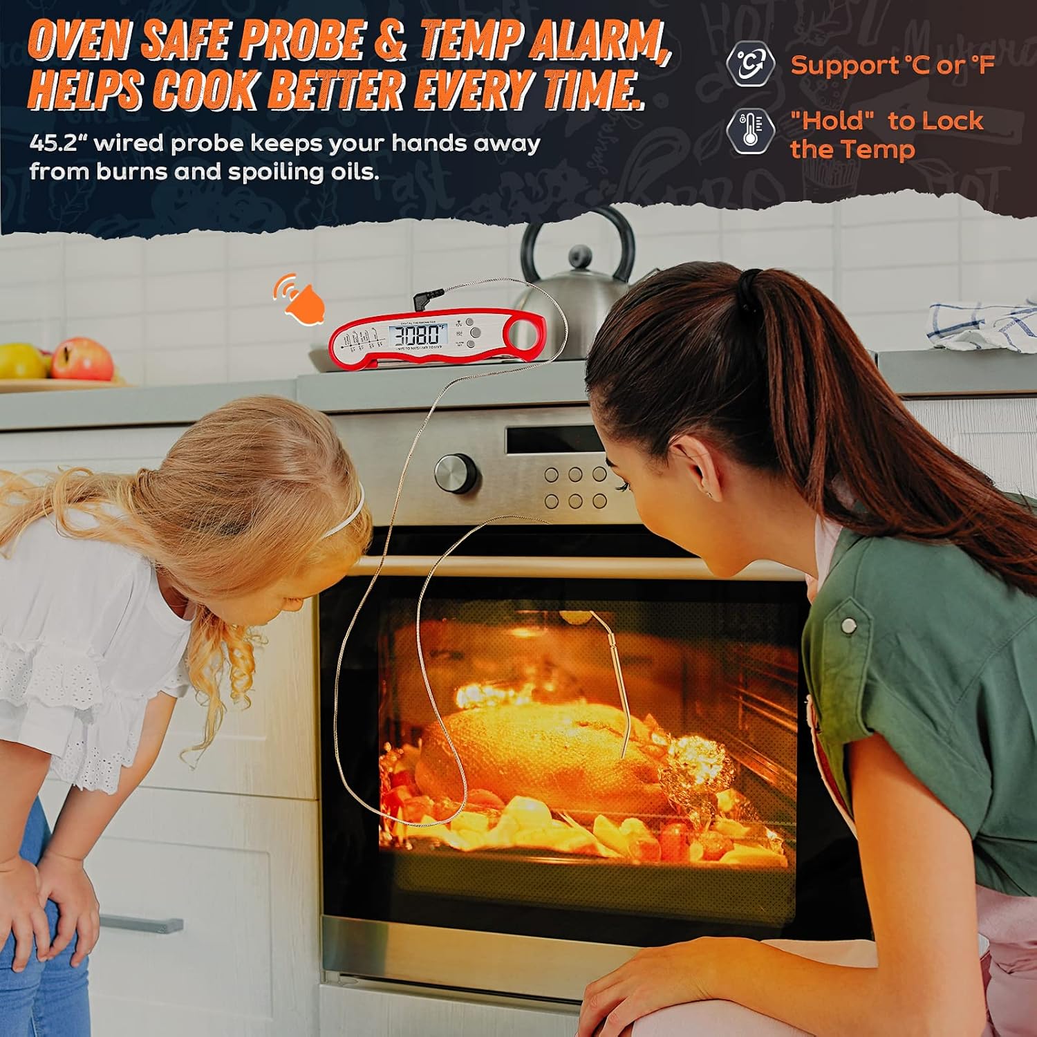 review Meat Thermometer for Cooking, HODANS 2-in-1 Digital Instant Read Food Thermometer with Foldable Probe & Oven Safe Wired Probe, Backlight, Alarm Set, and Magnet for BBQ, Grill, and Roast Turkey