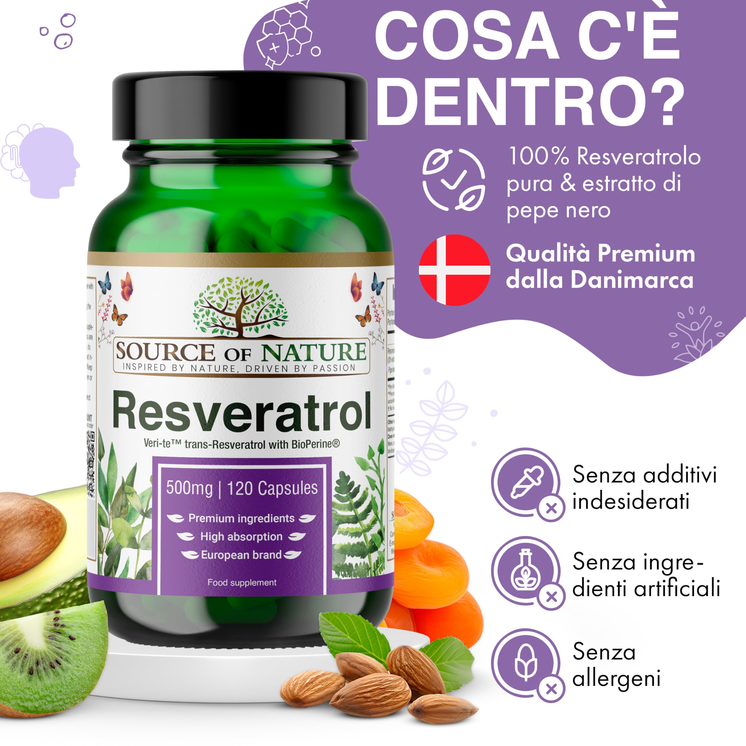 Trans-Resveratrolo 500 mg | 120 capsule vegane | Alta dose | Purezza 98% | Fermentato naturalmente | Con piperina | Testato in laboratorio | Qualità premium