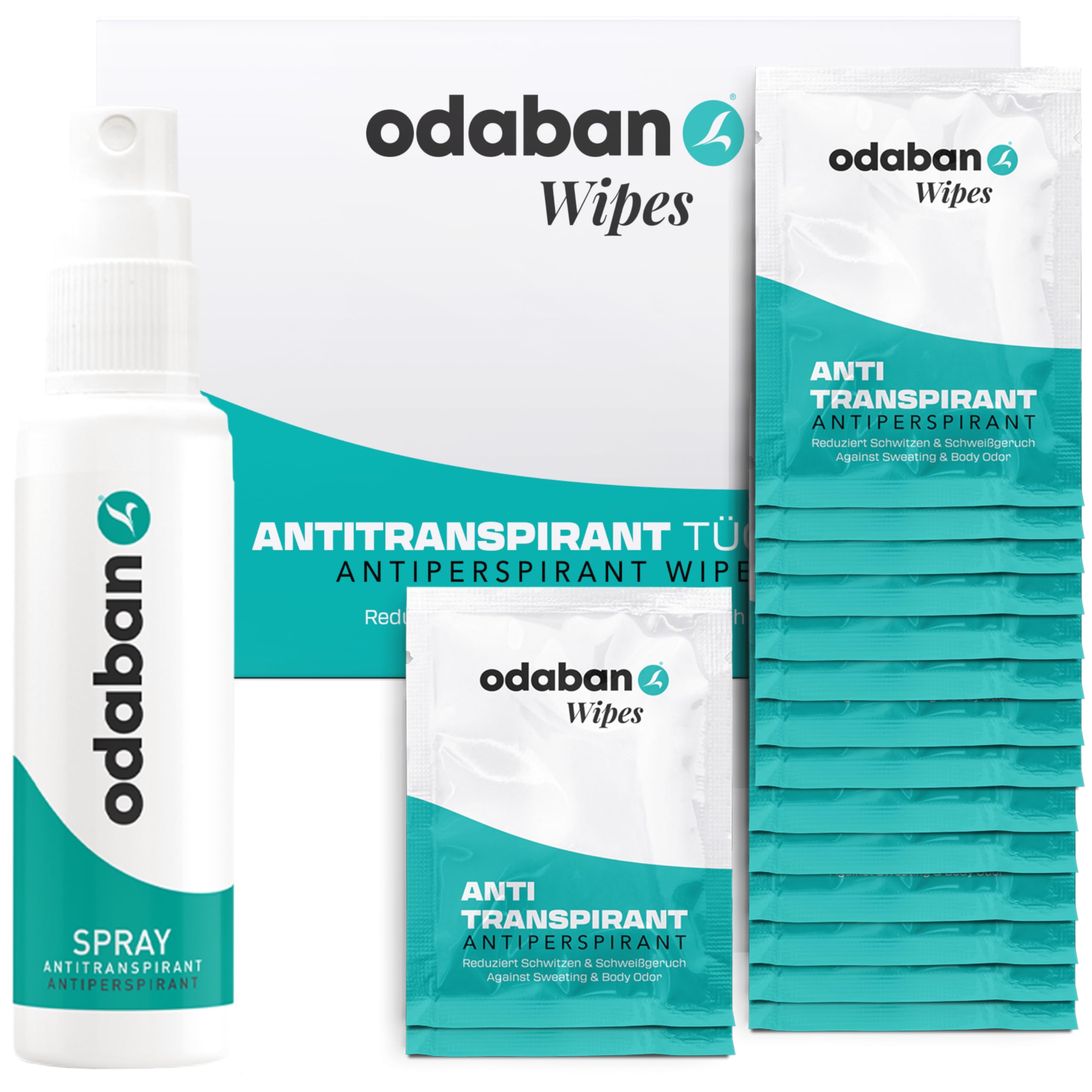 odaban® Set – Spray & Wipes – protection efficace contre la transpiration, à la maison et en déplacement – pour aisselles, mains, pieds et visage – longue durée & respectueux de la peau