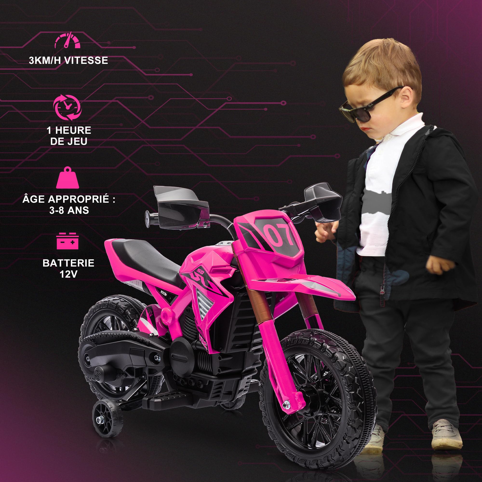 AIYAPLAY Moto électrique Enfants 6V 2 Moteurs avec klaxon Roues d'entraînement 3-8 Ans 30KG Rose