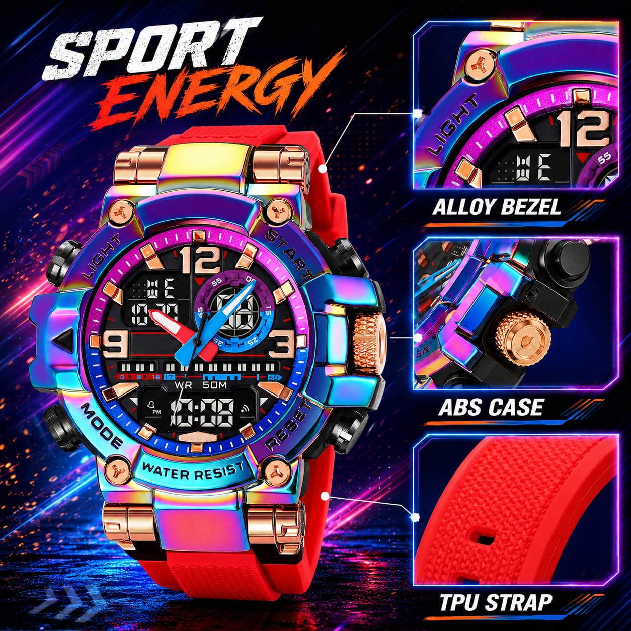 Reloj deportivo impermeable para hombre, colorido, digital, analógico, militar, táctico, para exteriores, esfera grande, reloj de pulsera único con cronómetro LED, alarma de cuenta regresiva y hora