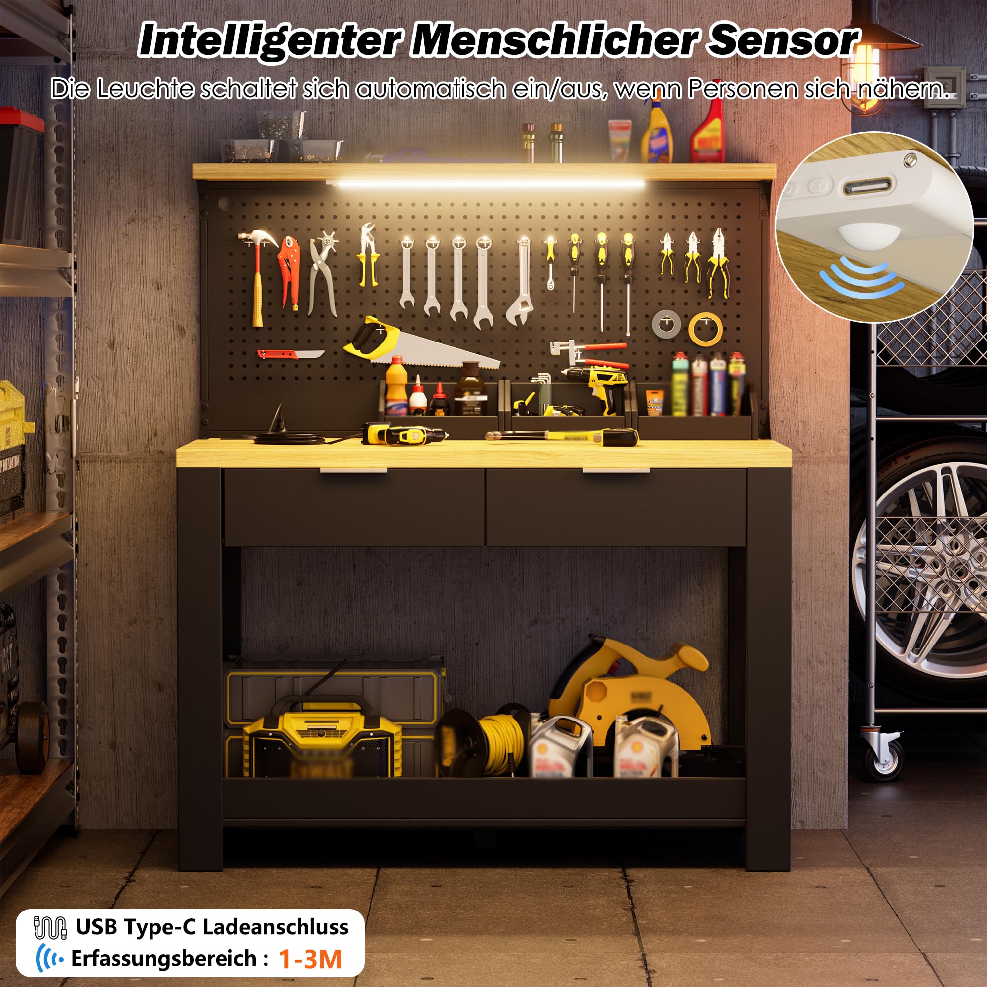 Werkbank mit LED-Arbeitsleuchte und Steckdose, Werktisch mit 2 Schubladen,Lochrückwand & DREI Ablagefächer Werkzeugbank Multifunktionstisch für Garage Werkstatt, 200KG Belastbarkeit 56x110x135CM