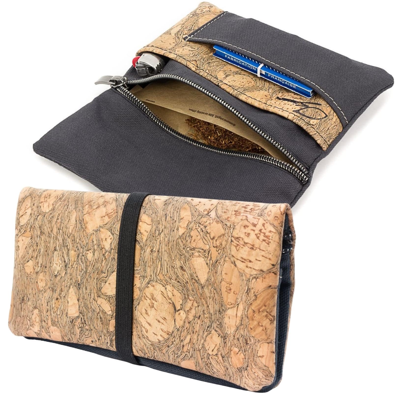 SIMARU Portatabacco Borsello in robusto sughero/cuoio di sughero e tessuto di cotone organico, disegnato in modo geniale e innovativo con vano per accendino, filtri e cartine (Antracite & Raizes)
