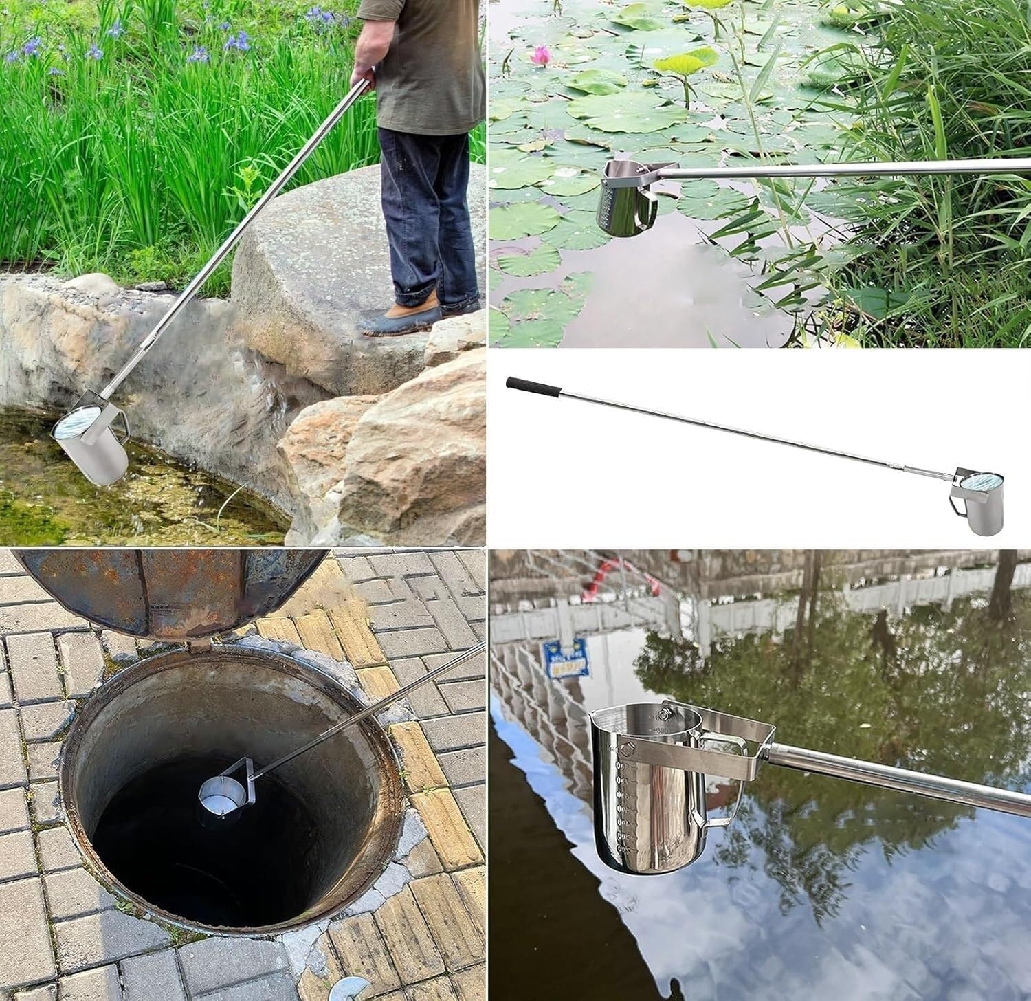 Tige de prélèvement en Acier Inoxydable Kit d'échantillonnage d'eau télescopique de 1000ml, Tige d'échantillonnage en Acier Inoxydable avec bécher gradué(1.5m-7m(5ft-23ft))