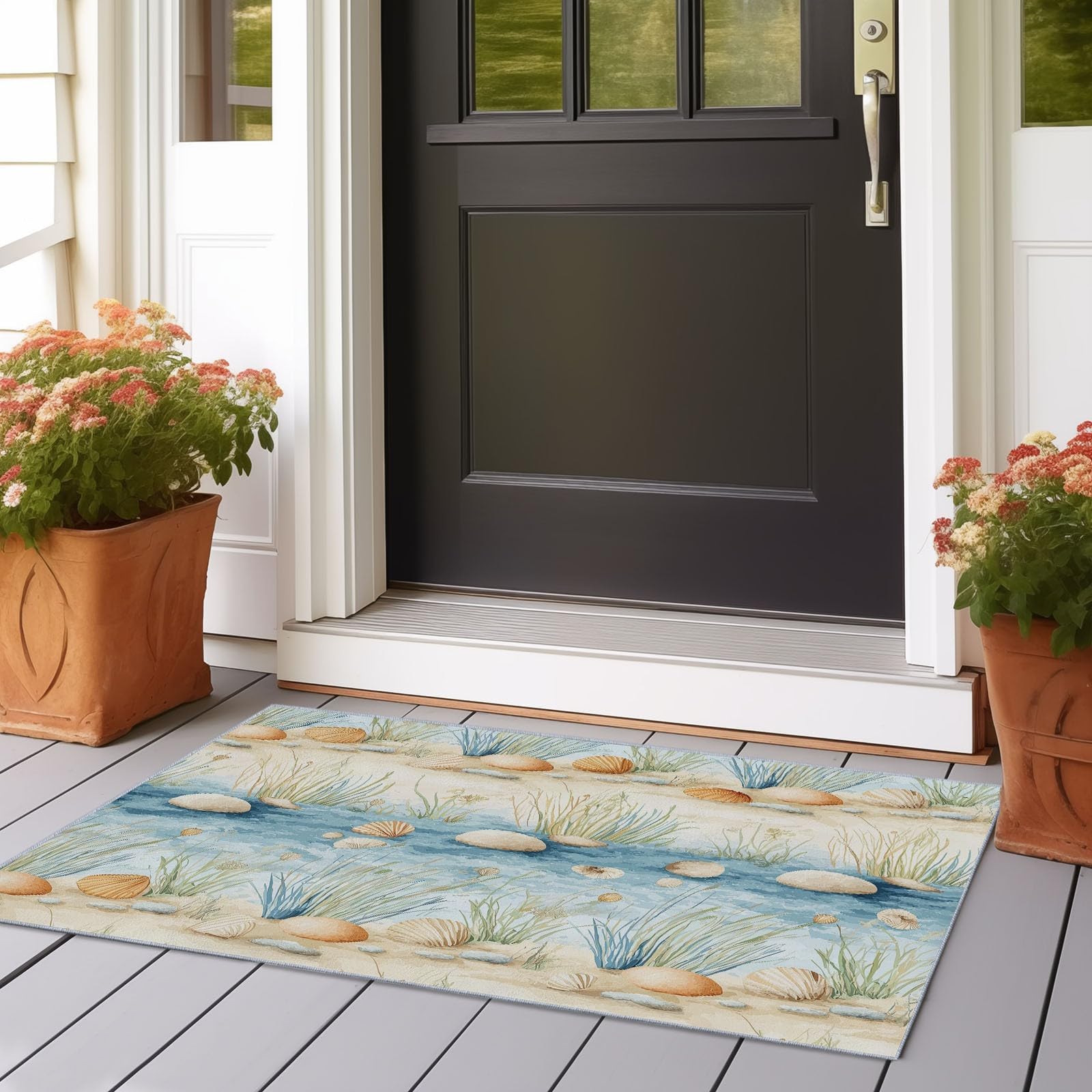 Tapis de couloir lavable beige et bleu 40x110 cm antidérapant