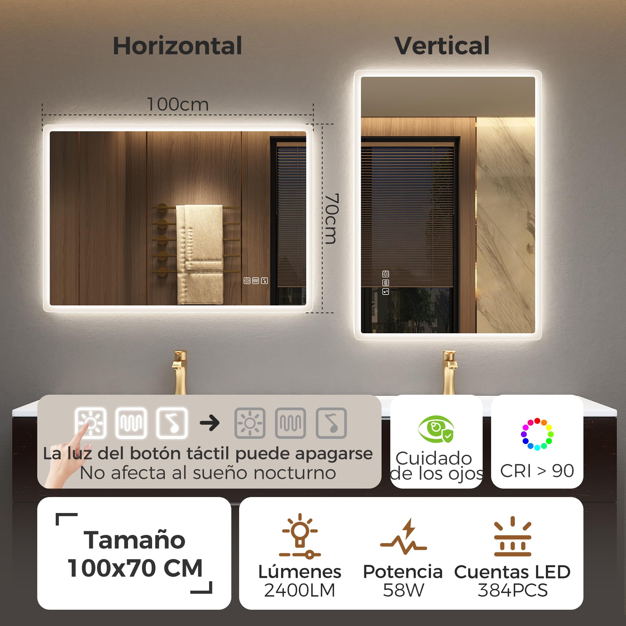 STARLEAD Espejo Baño con Luz Bluetooth 100x70cm LED Antivaho IP44 Vidrio Templado HD
