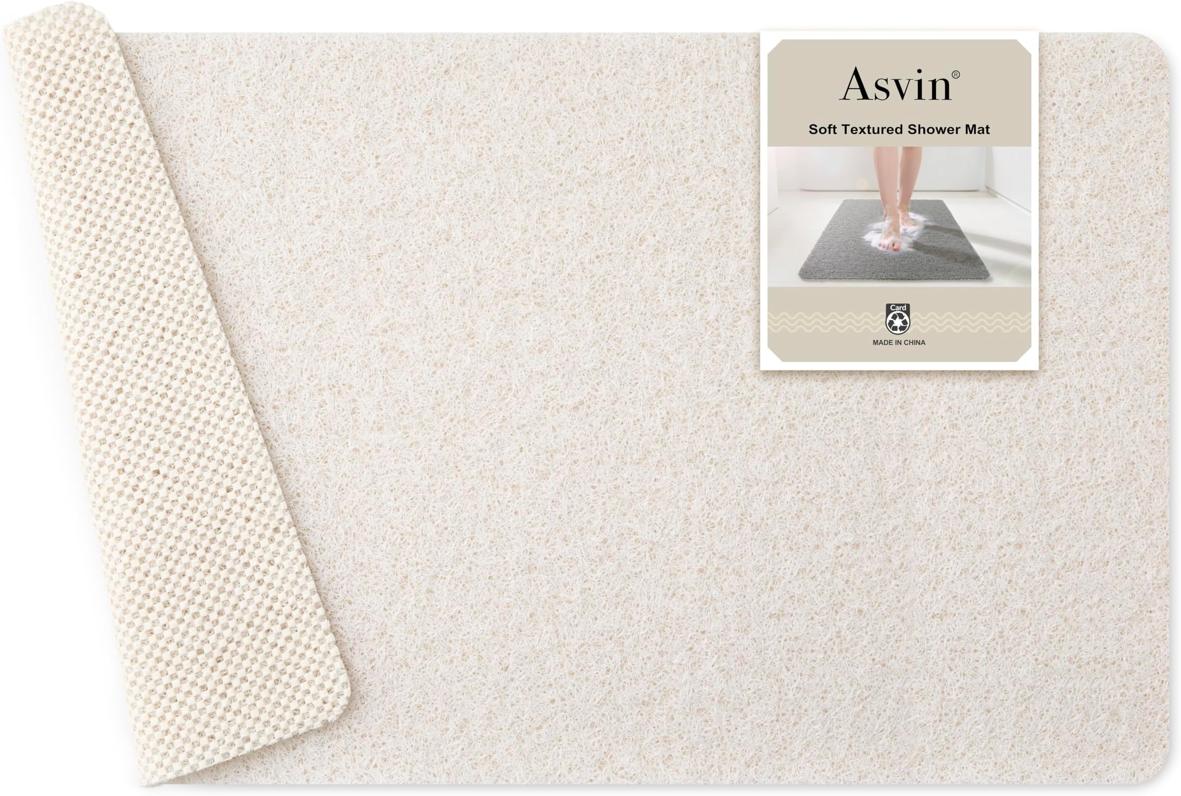 Asvin Soft Textured Bath, Shower, Tub Mat, 24x16 Inch, Phthalate Free, Non Slip Comfort Bathtub Mats with Drain, PVC Loofah Bathroom Mats for Wet Areas, Quick Drying