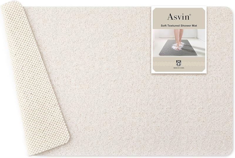 Asvin Alfombrilla de baño, ducha, bañera con textura suave, 24 x 16 pulgadas, sin ftalatos, alfombrillas de bañera antideslizantes y cómodas con drenaje, alfombrillas de baño de lufa de PVC para zonas húmedas, secado rápido