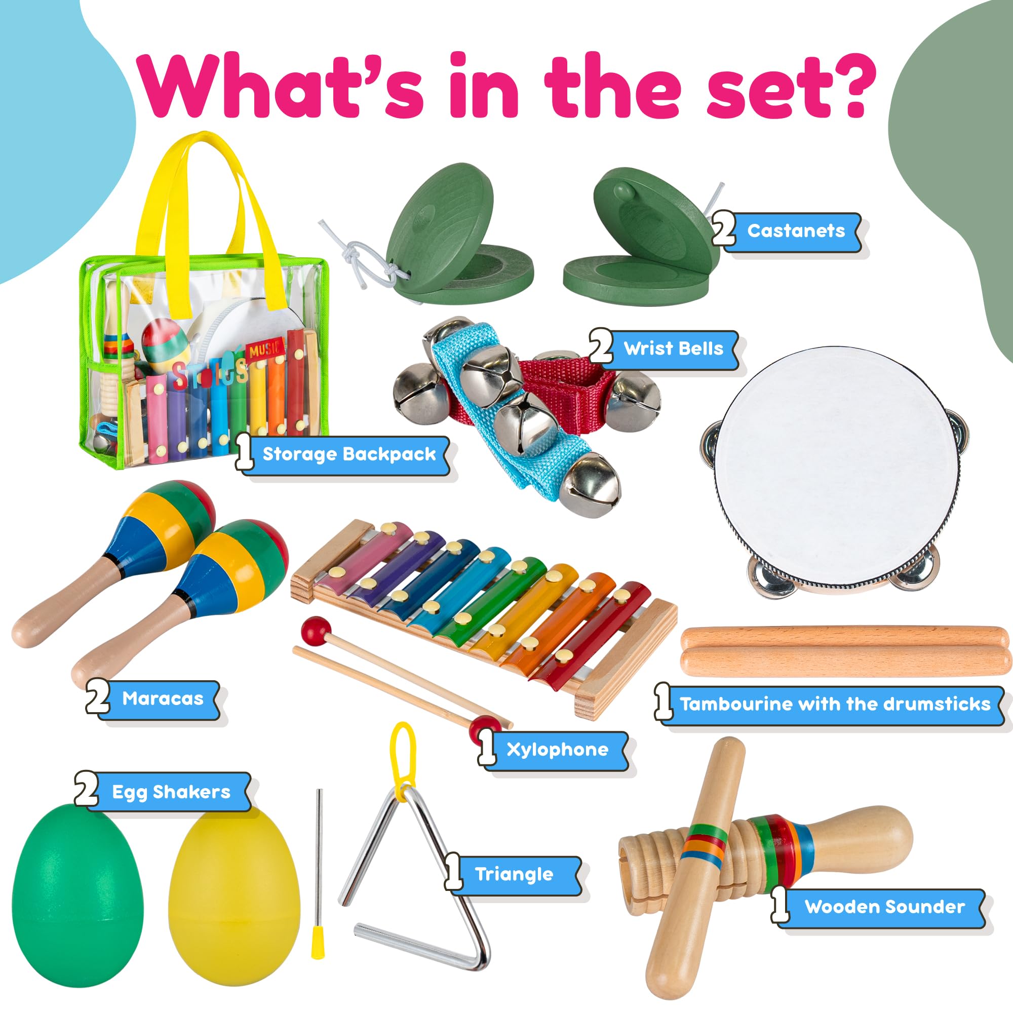 Stoie's Kids Musical Instruments Set – Wooden Percussion Instruments for Toddlers, Xylophone, Tambourine, Maracas, Music Toys for Toddlers, Preschool Musical Instruments