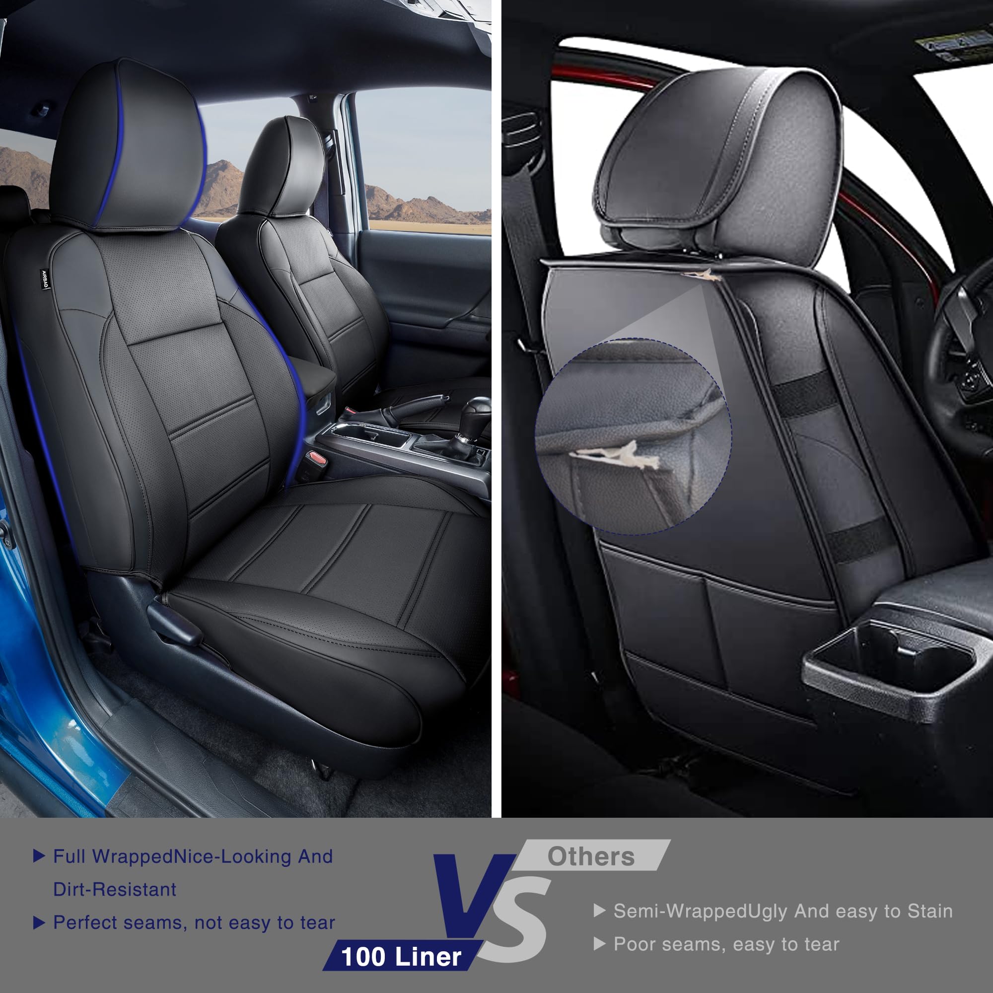 100 Liner® for Toyota Tacoma Seat Covers 2016 2017 2018 2019 2020 2021 2022 2023 Full Set Faux Leather Car Accessories for Tacoma 2016-2023 Custom Fit for Tacoma Crew Cab/Double Cab - Black