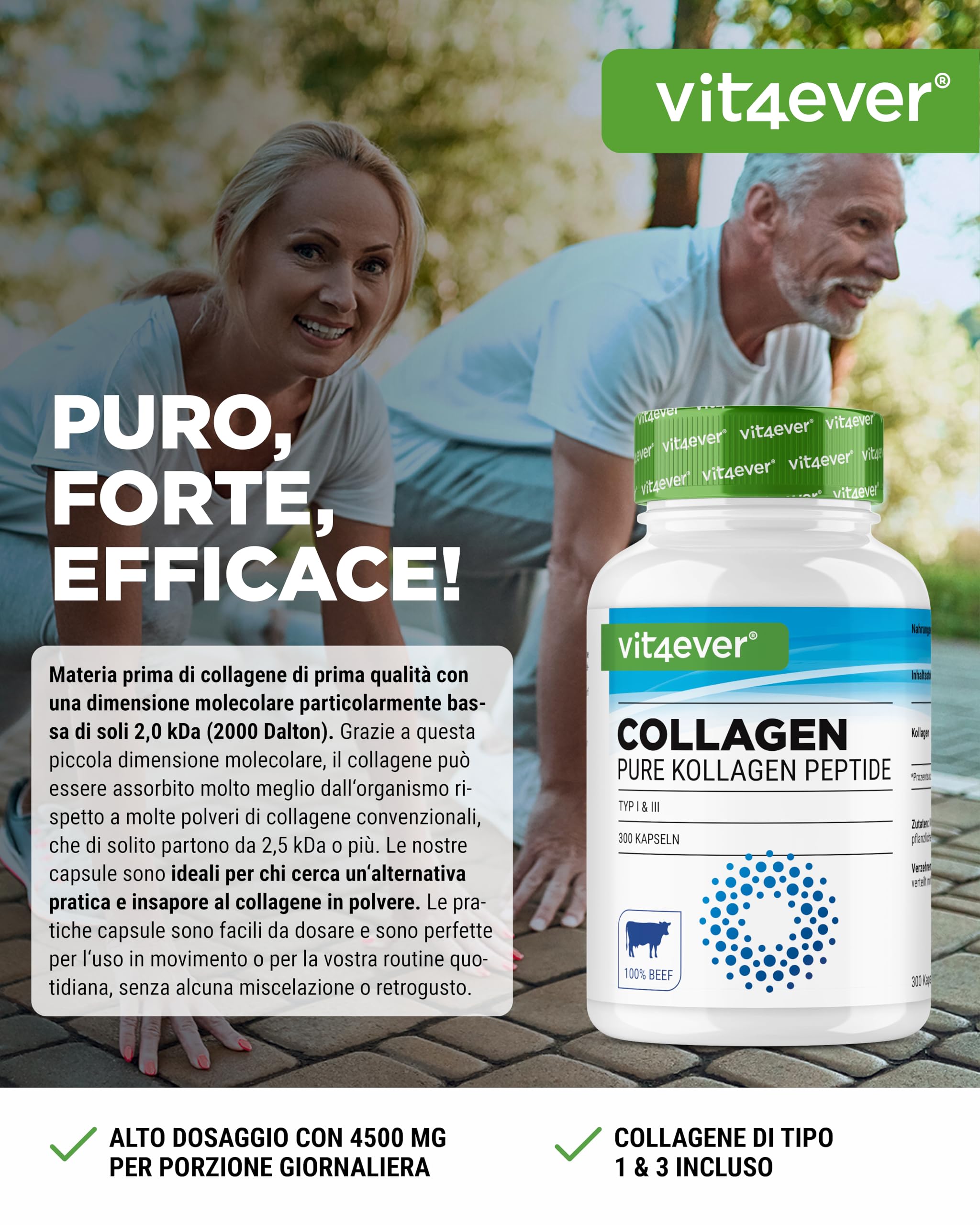 Collagen 300 capsule - 4500 mg di peptidi idrolizzati di collagene bioattivi per dose giornaliera - Collagene di tipo 1 e 3 - Alternativa alla polvere - Alto dosaggio