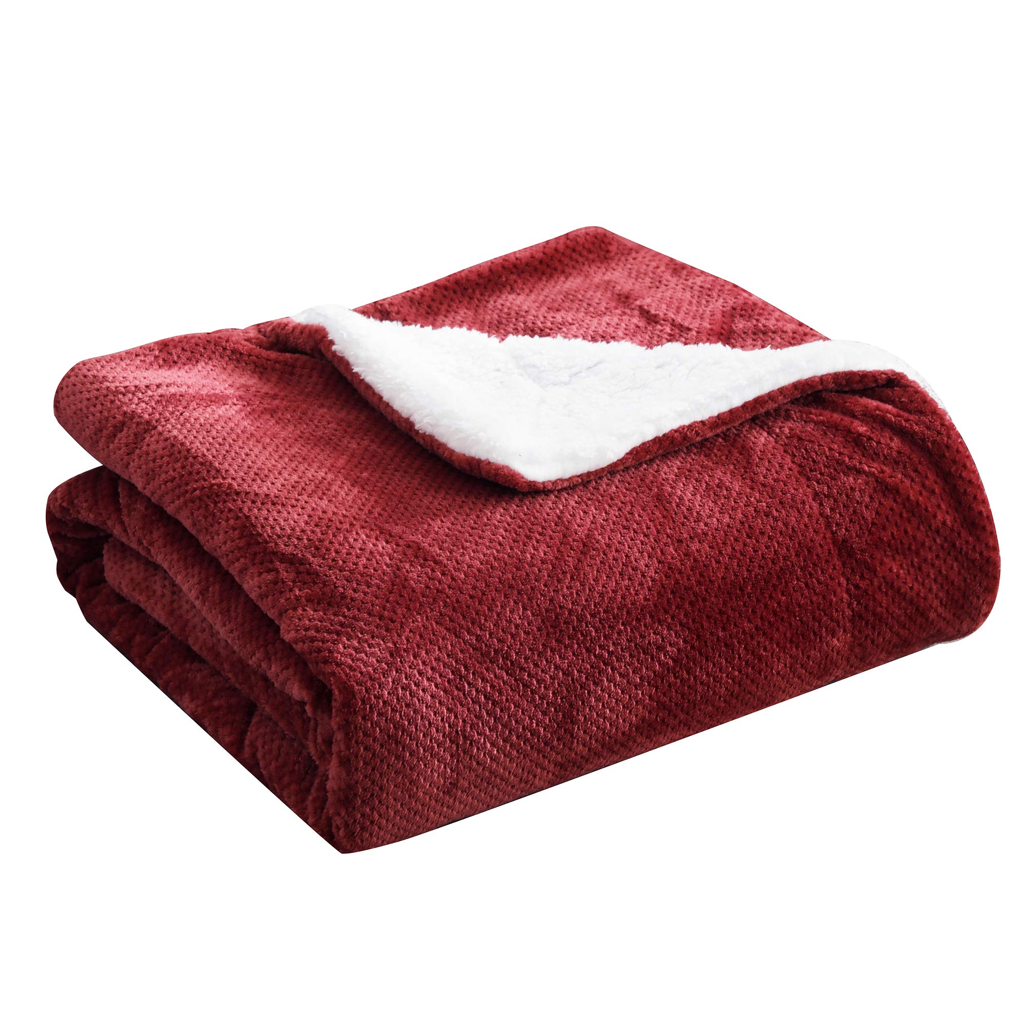 SOCHOWWaffle Sherpa Fleece Throw Blanket, Super Soft Fuzzy Warm, Lightweight Fluffy Reversible Plush Blanket for Bed Sofa Couch, 150cm×200cm Wine