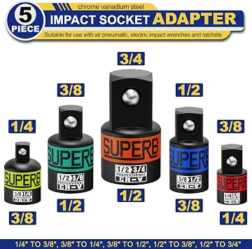 1/4 3/8 1/2 3/4 Inch Drive Impact Socket Adapter Set, 5 Piece Ratchet Socket Adapters, Socket Reducer Wrench Adapter for Mechanics DIYers Automotive Repair