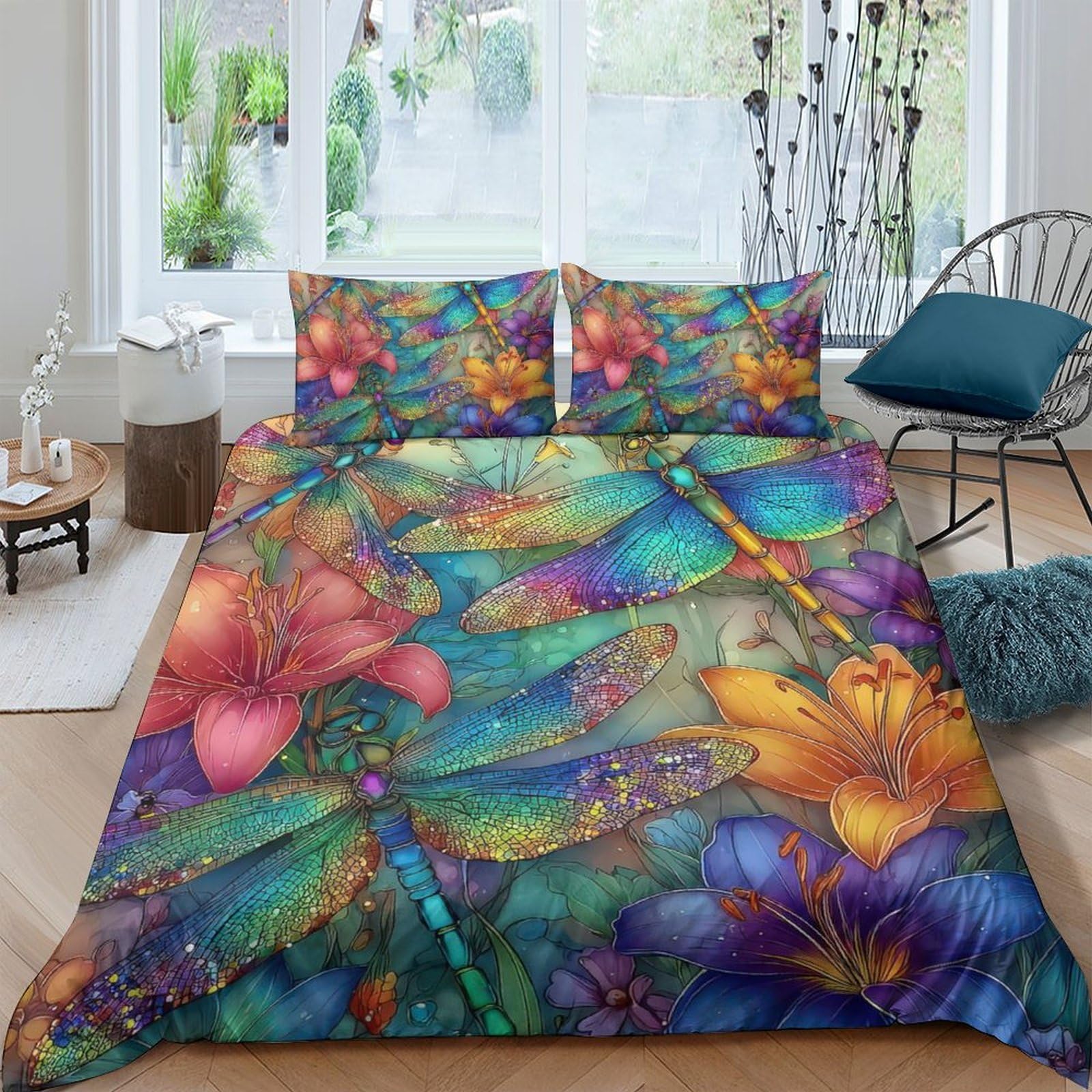 Ctjqhvkz Style-4 3D Printed Dragonfly Flower Fitted Sheet Microfiber Soft Colorful Floral Bed Cover For Bedroom Dorm Mattress Decor Single（135X200cm）