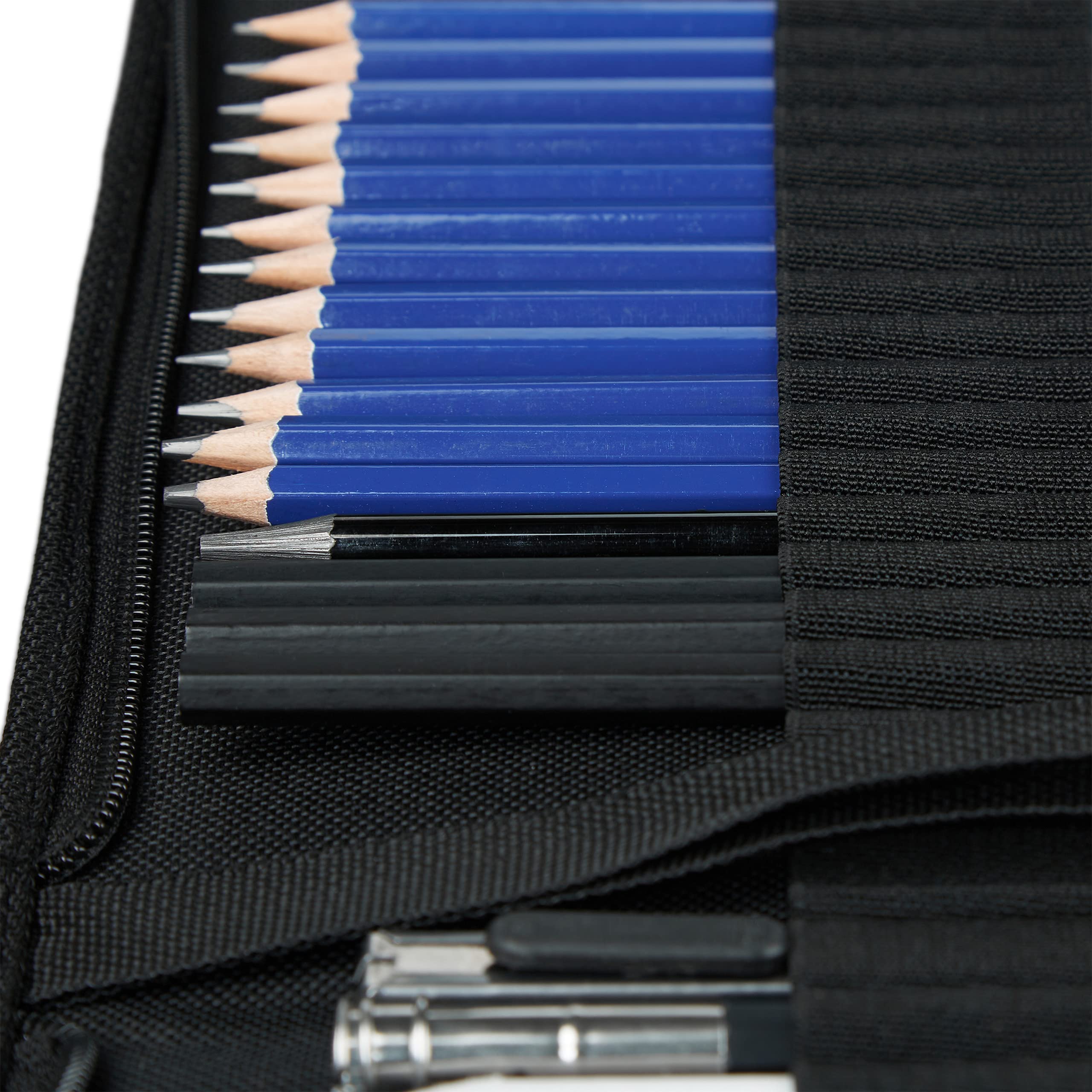 relaxdays Coffret Dessin 33 pièces, 12 degrés de dureté, fusains, Crayons graphites, gommes, Taille-Crayon, etc., Noir