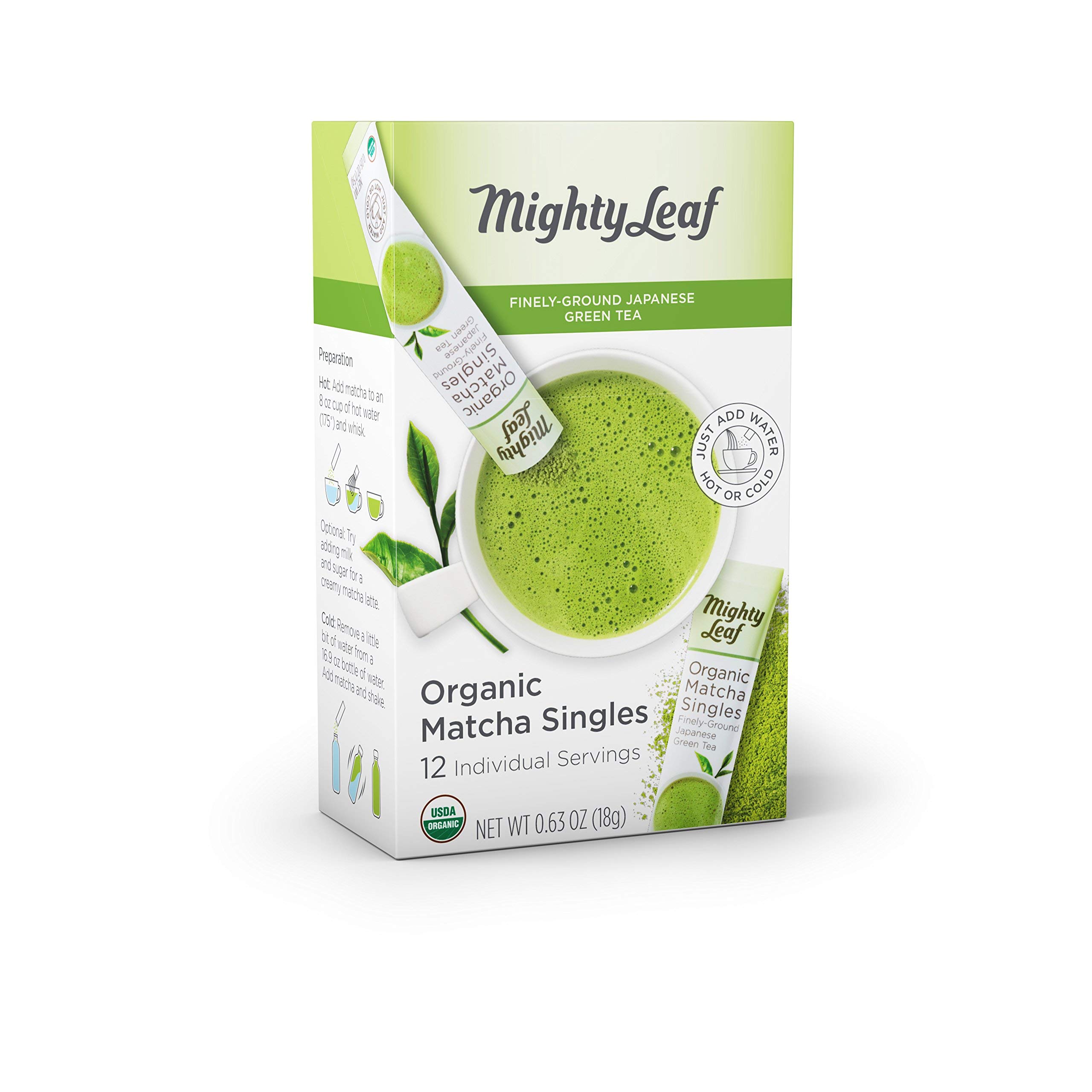 Mighty Leaf Tea, Organic Matcha Green Tea Singles - 1 Box of 12 Single Serve Packets, 100% Japanese Matcha, Unsweetened