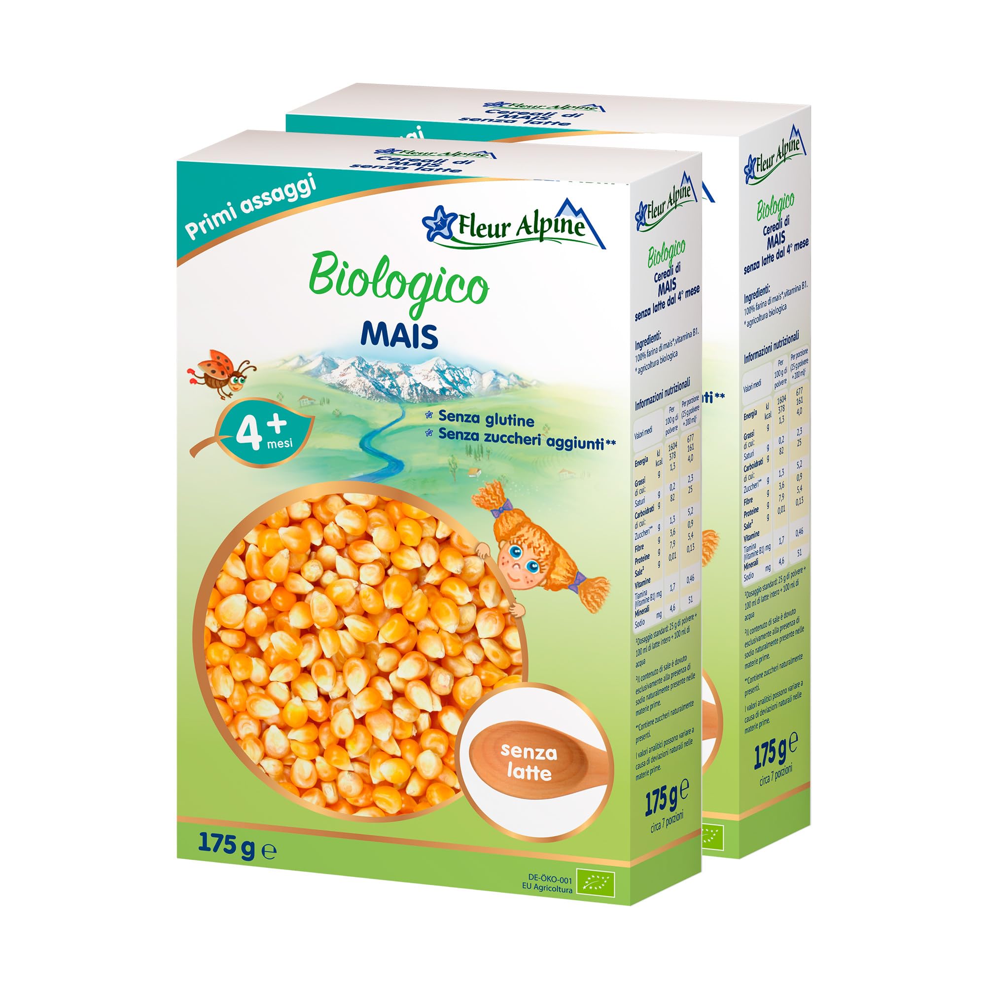 FLEUR ALPINE Confezione da 2 porridge di mais biologico per neonati - Colazione deliziosa - Preparazione facile - Alimenti per bambini dai 4 mesi in su senza zuccheri aggiunti - 2x7 porzioni