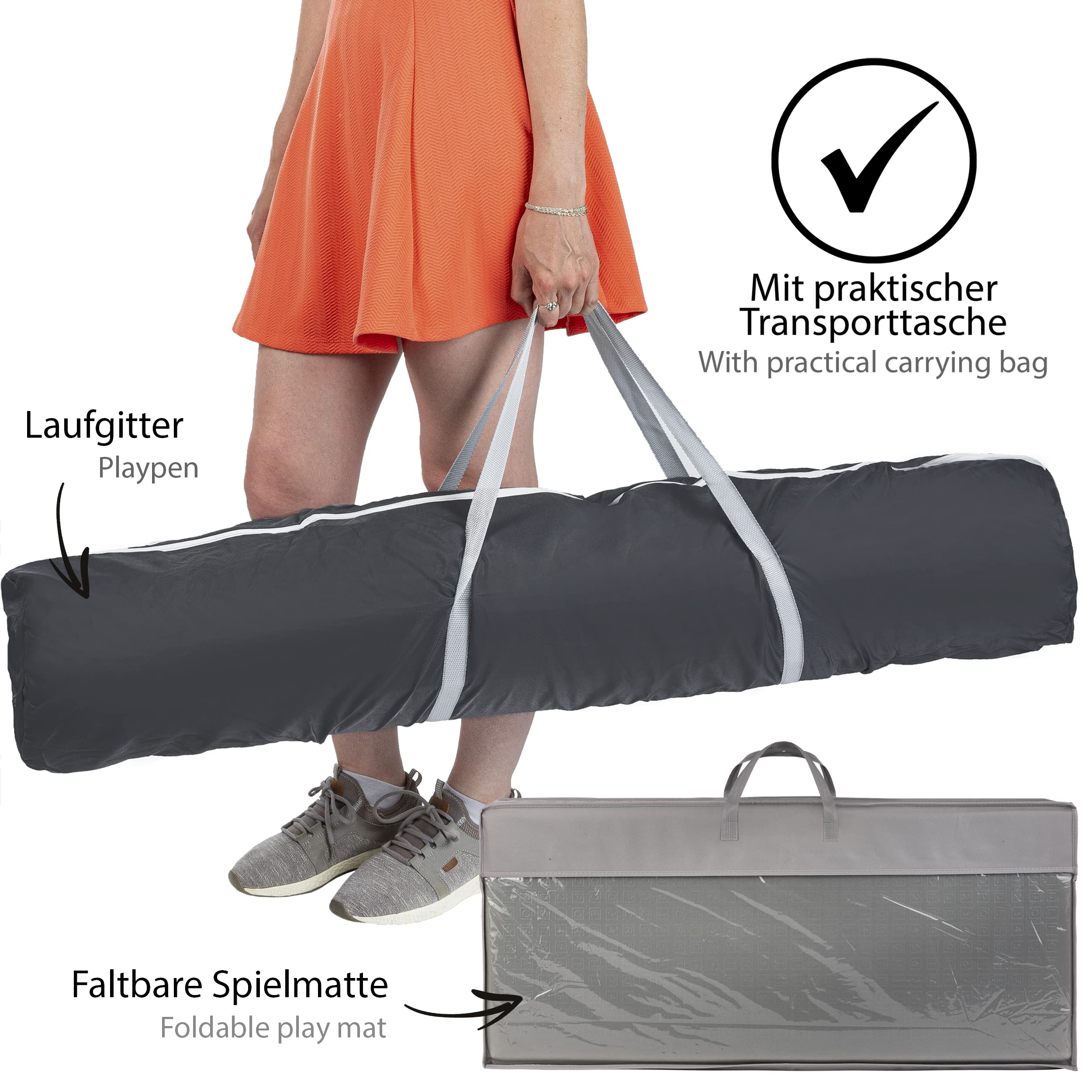 ONVAYA® Laufgitter mit faltbarer Spielmatte | Laufstall für Babys | 120 x 160 cm | Schutzgitter für Kinder | Rechteckiges Krabbelgitter | Absperrgitter | Babyzaun in Grau | sicher & schadstofffrei