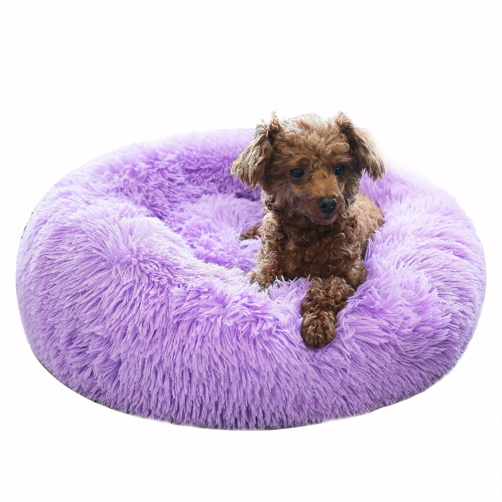 Calming Dog & Cat Bed, Anti-Anxiety Donut Cuddler, Soft and Fluffy Pet Cushion, Self-Warming Luxury Plush Dog Pillow Basket for Small Medium Dogs and Cats Easy Clean Washable,Purple,60cm/23.62”