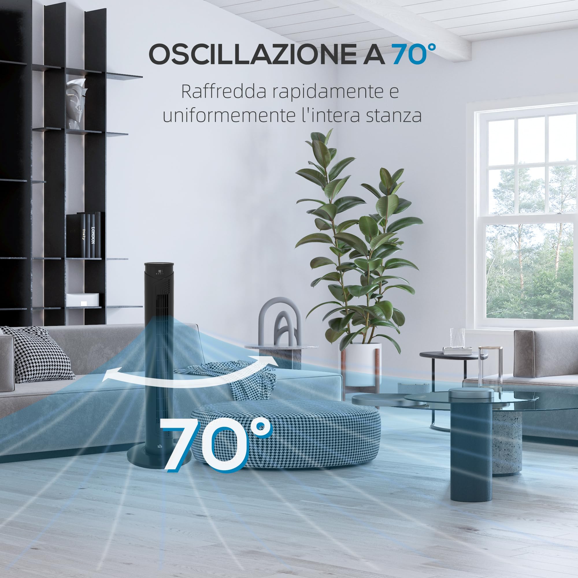 HOMCOM Ventilatore a Torre 45W a 4 Modalità e 3 Velocità con Timer da 12h, Ventilatore da Terra in ABS con Telecomando e Filtri dell'Aria, Ø31.5x93 cm, Nero