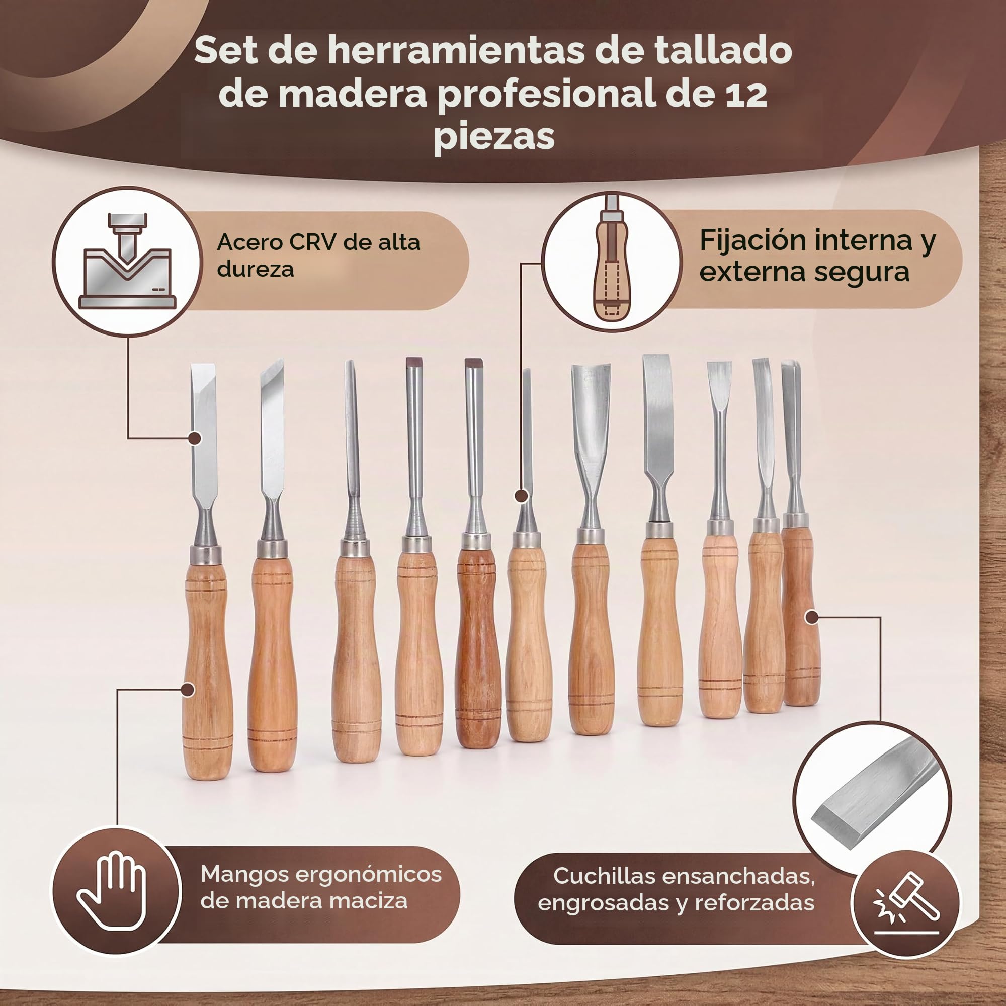 12 Cinceles para Tallar Madera, Juego de Herramientas Profesionales para Tallar Madera con 12 Cuchillos, Caja de Almacenamiento, Kit de Cincel para Esculpir de Acero para Principiantes