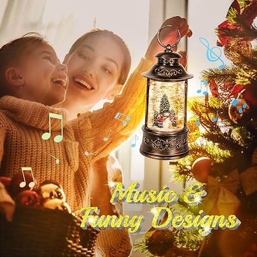 Miniatura 2 de Christmas Snow Globe Lantern Musical,6H Timer Cylinder Glitter Snow Globe,Bronze Snow Globes Christmas with Music Box Including 8 Songs,Lantern with