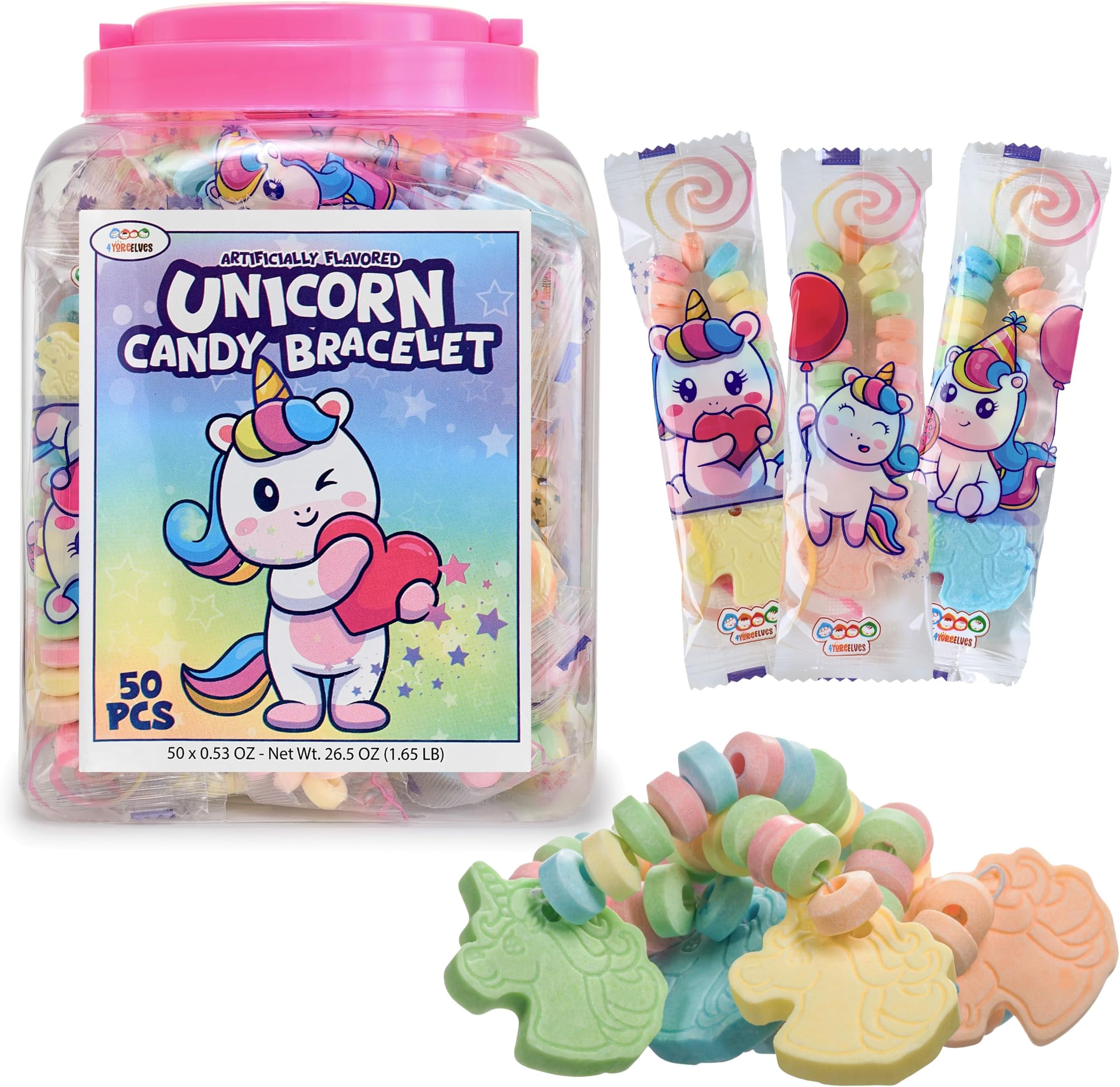 50 Unicorn Candy Bracelets, Individually Wrapped Candy Jewelry for your Unicorn Themed Party, Bulk Candy Perfect for Goody Bags, Party Favors and Birthdays, by 4YoreElves, Pack of 50 x 0.53oz