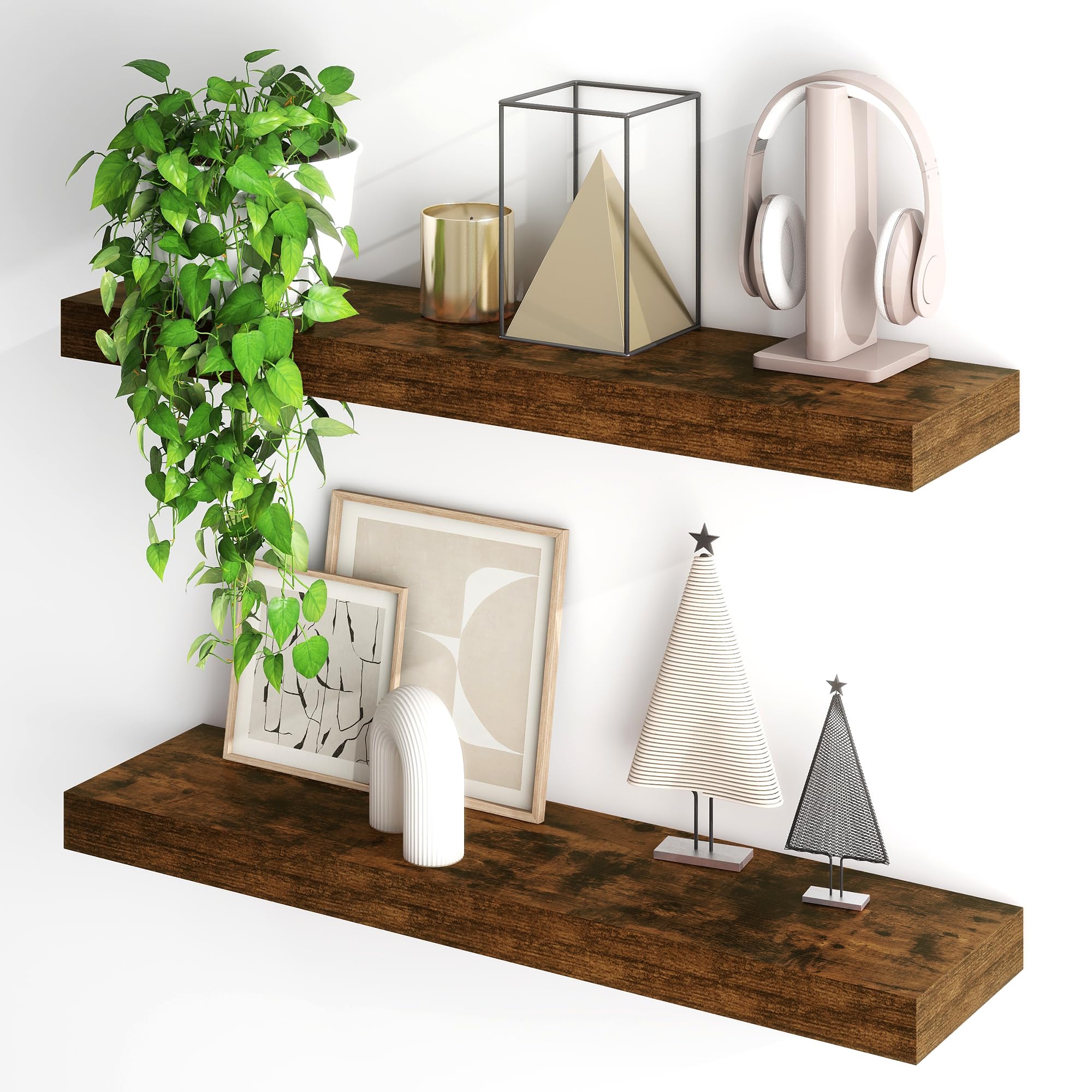 Fun Memories Floating Shelves for Wall, 32Inch Floating Shelves Set of 2, Hanging Shelf with Invisible Brackets, Wood Shelves for Living Room, Bedroom