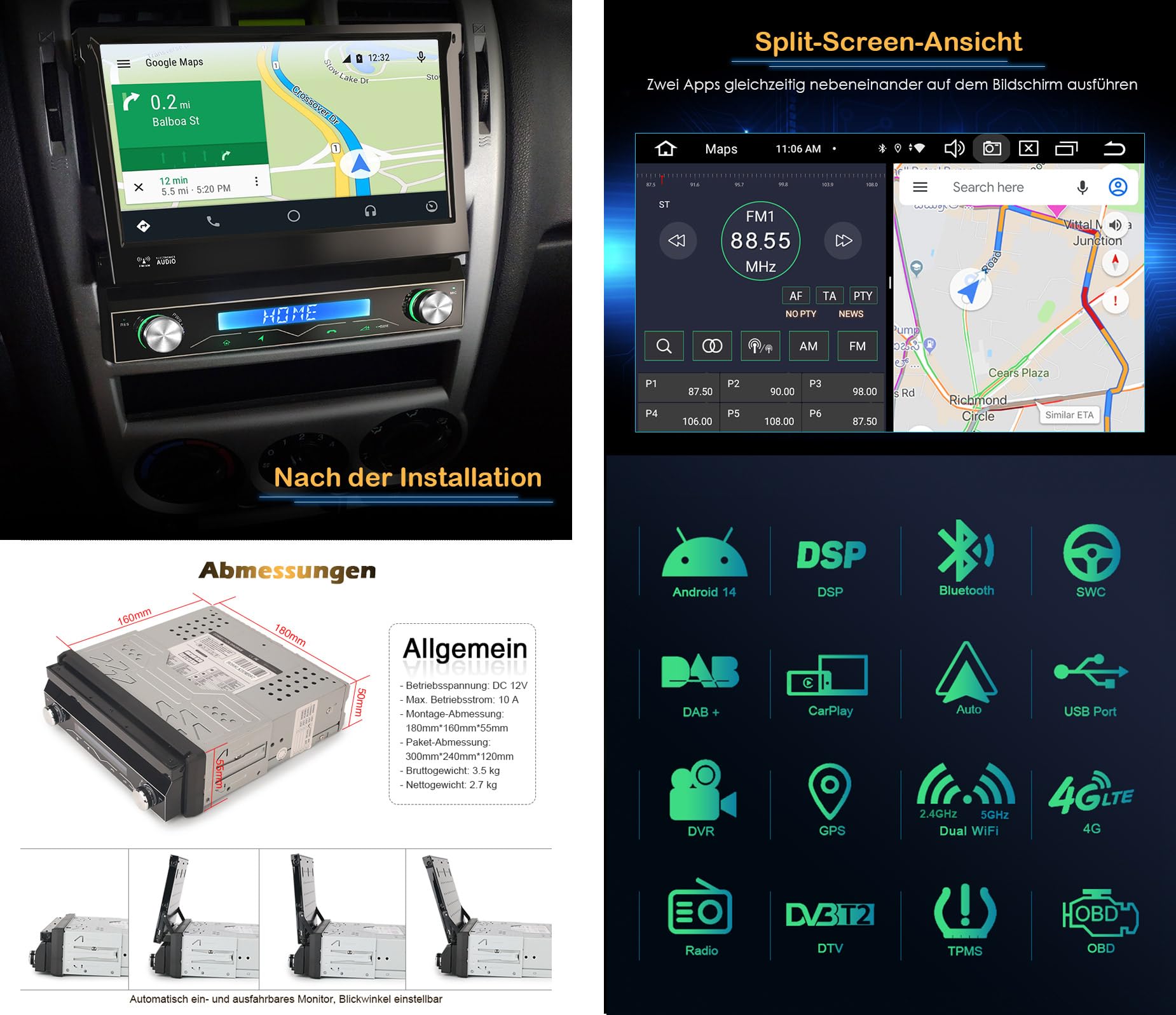7 Zoll IPS Bildschirm Android 14 Acht-Kern 4GB+64GB Universal 1Din Autoradio Navigation DAB+ FM Radio Unterstützt CarPlay Android Auto WiFi 4G USB Bluetooth 5.0 DSP OBD2 TPMS DVB-T2 Kamera DVR