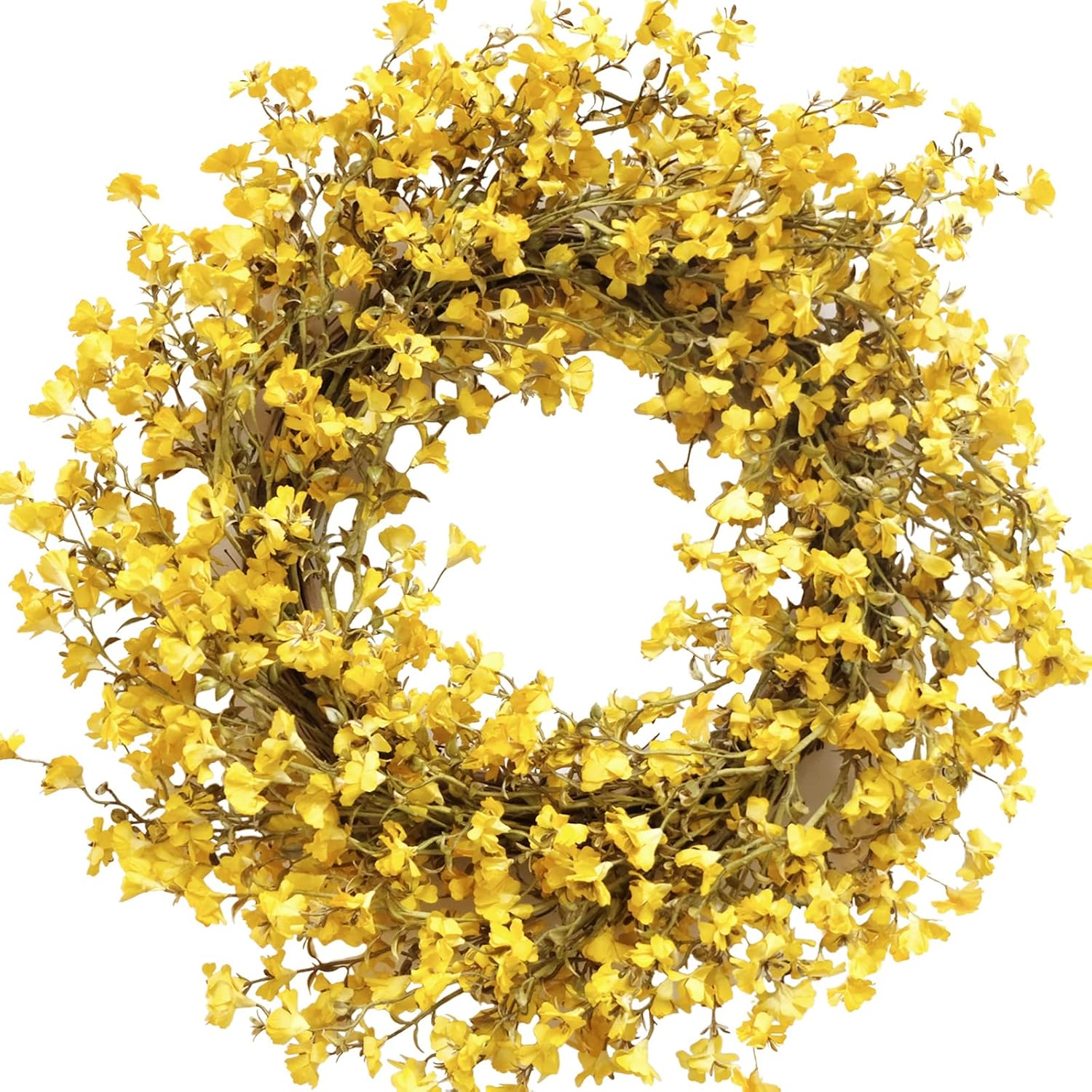 22 Inch Bright Yellow Forsythia Flower Wreath for Front Door, Spring Artificial Flower Wreath for Indoor Outdoor, Everyday Floral Wreath for Home Decor